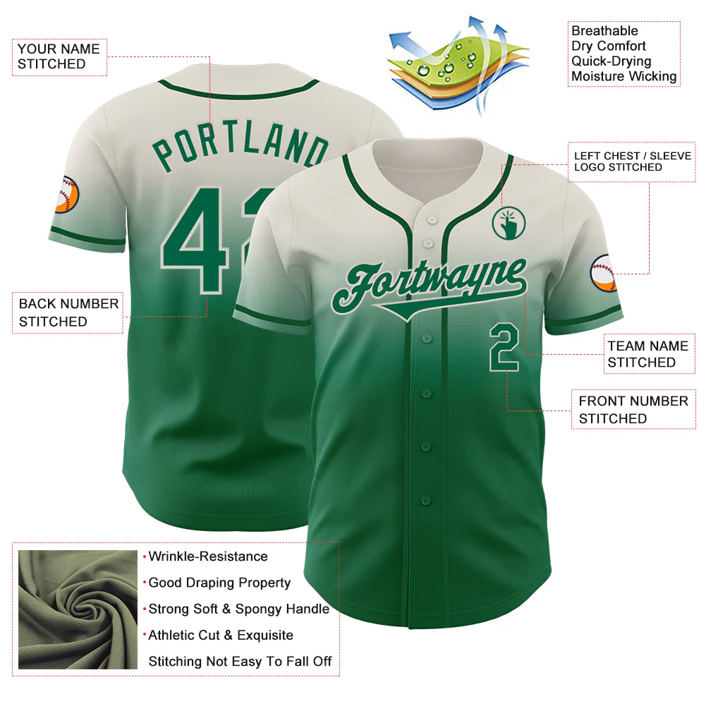 Custom Cream Kelly Green Authentic Fade Fashion Baseball Jersey - Image 3