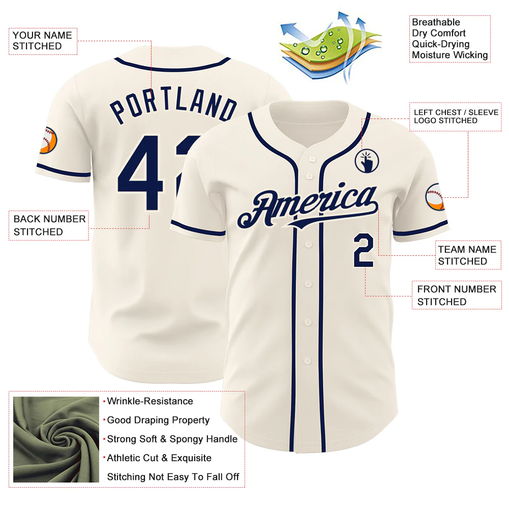 Custom Cream Navy Authentic Baseball Jersey - Image 3