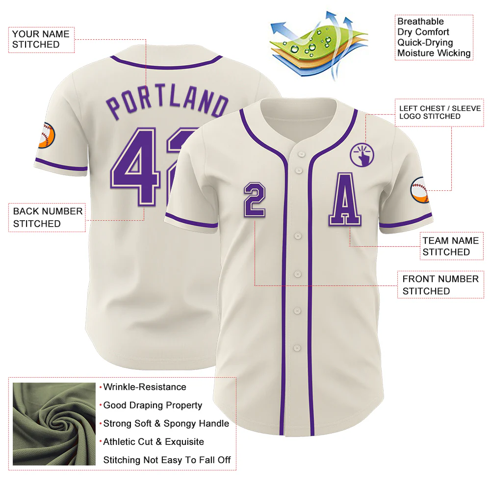 Custom Cream Purple Authentic Baseball Jersey - Image 2