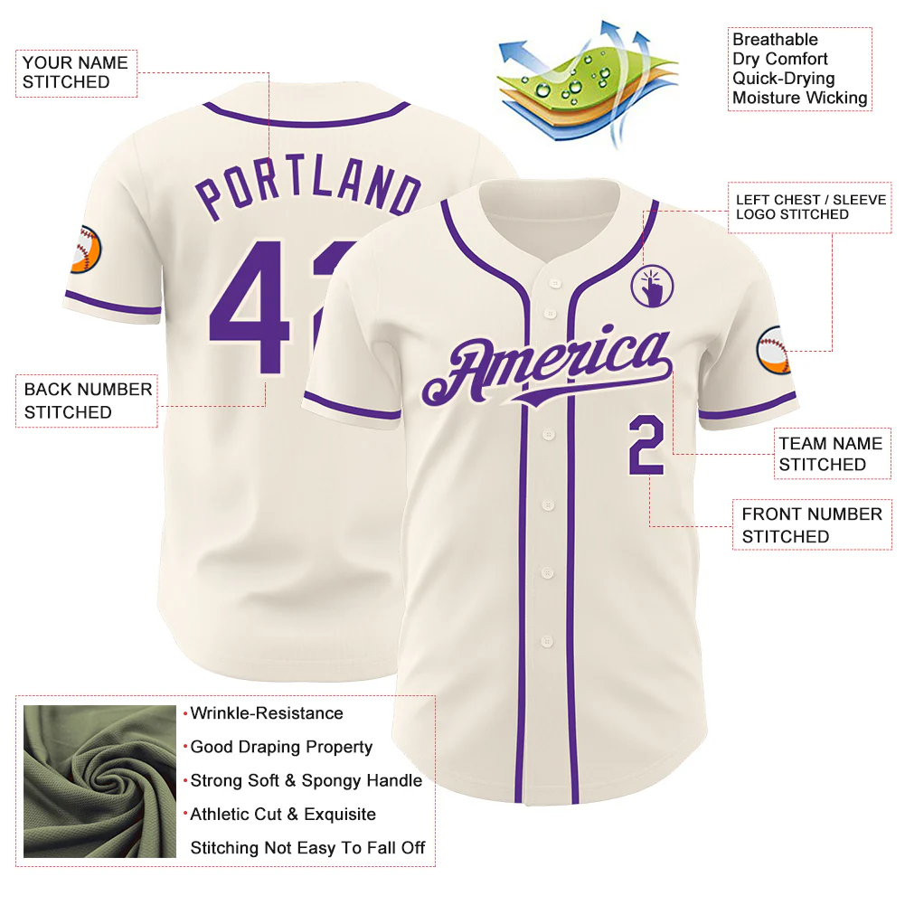 Custom Cream Purple Authentic Baseball Jersey - Image 3