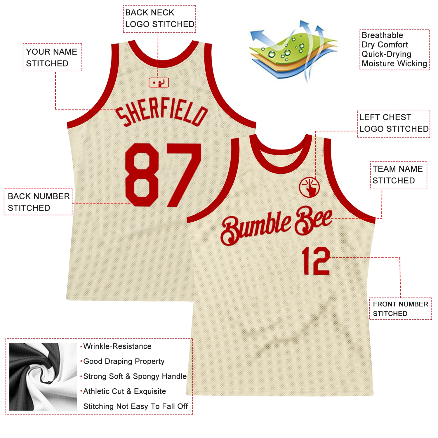 Custom Cream Red Authentic Throwback Basketball Jersey - Image 2