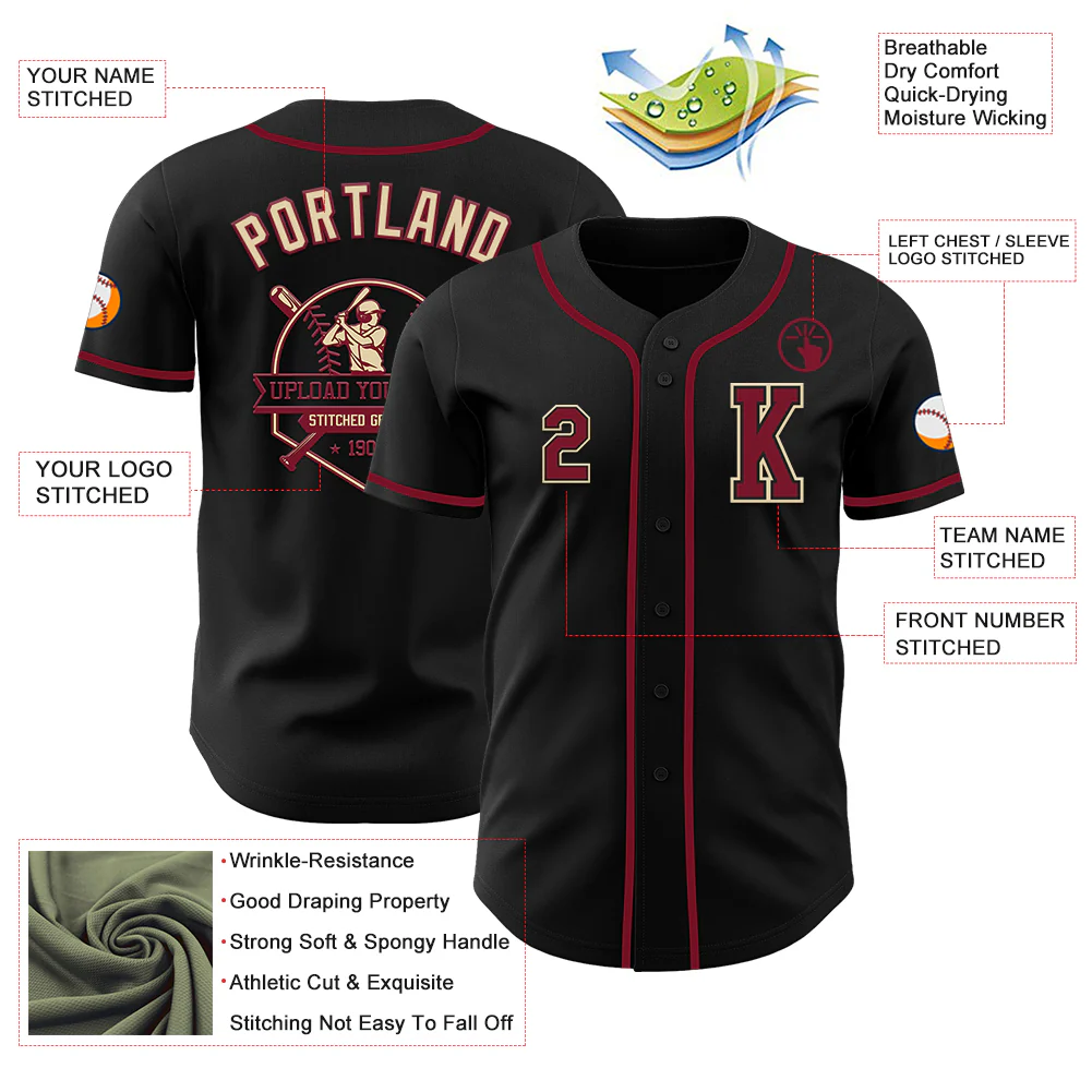 Custom Black Crimson-Cream Authentic Baseball Jersey - Image 6