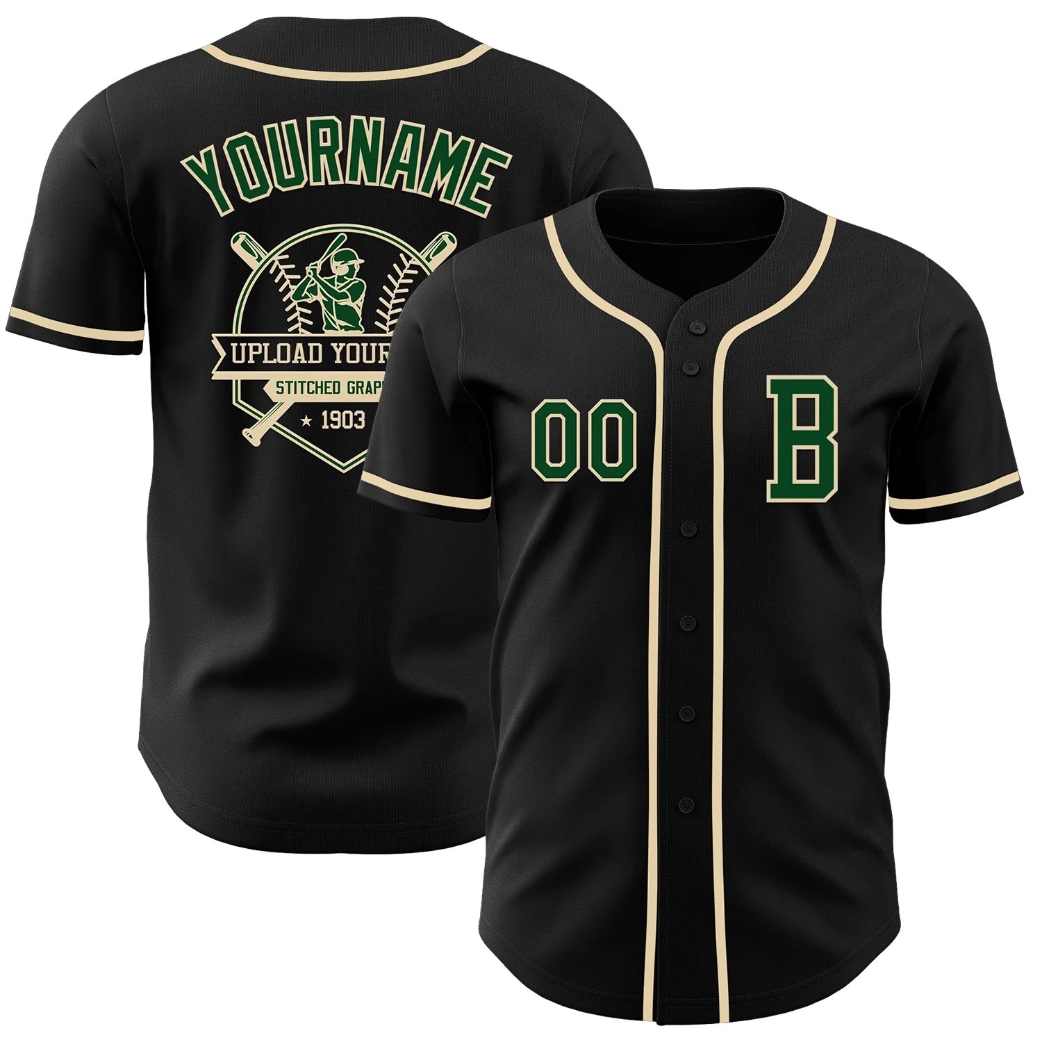 Custom Black Green-Cream Authentic Baseball Jersey - Image 5