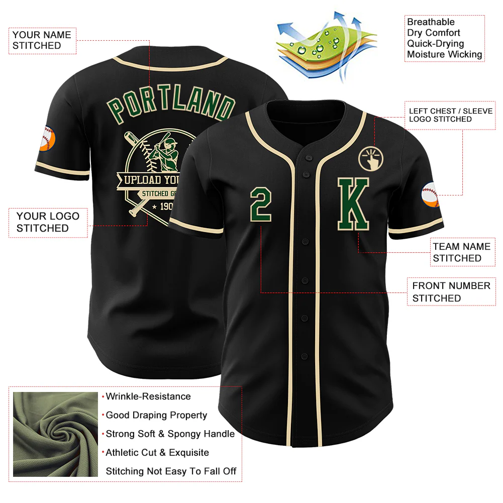 Custom Black Green-Cream Authentic Baseball Jersey - Image 6