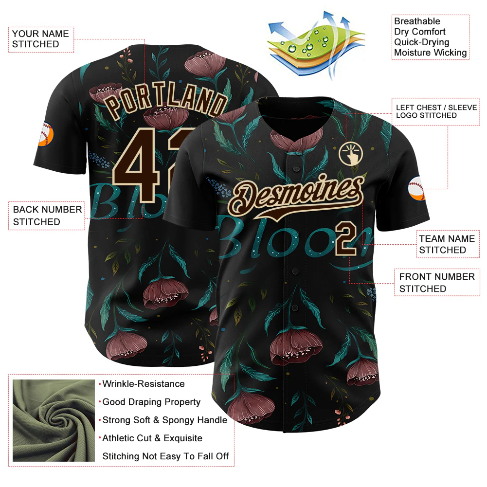 Custom Black Brown-Cream Episodic Drawing Bloom Authentic Baseball Jersey - Image 3