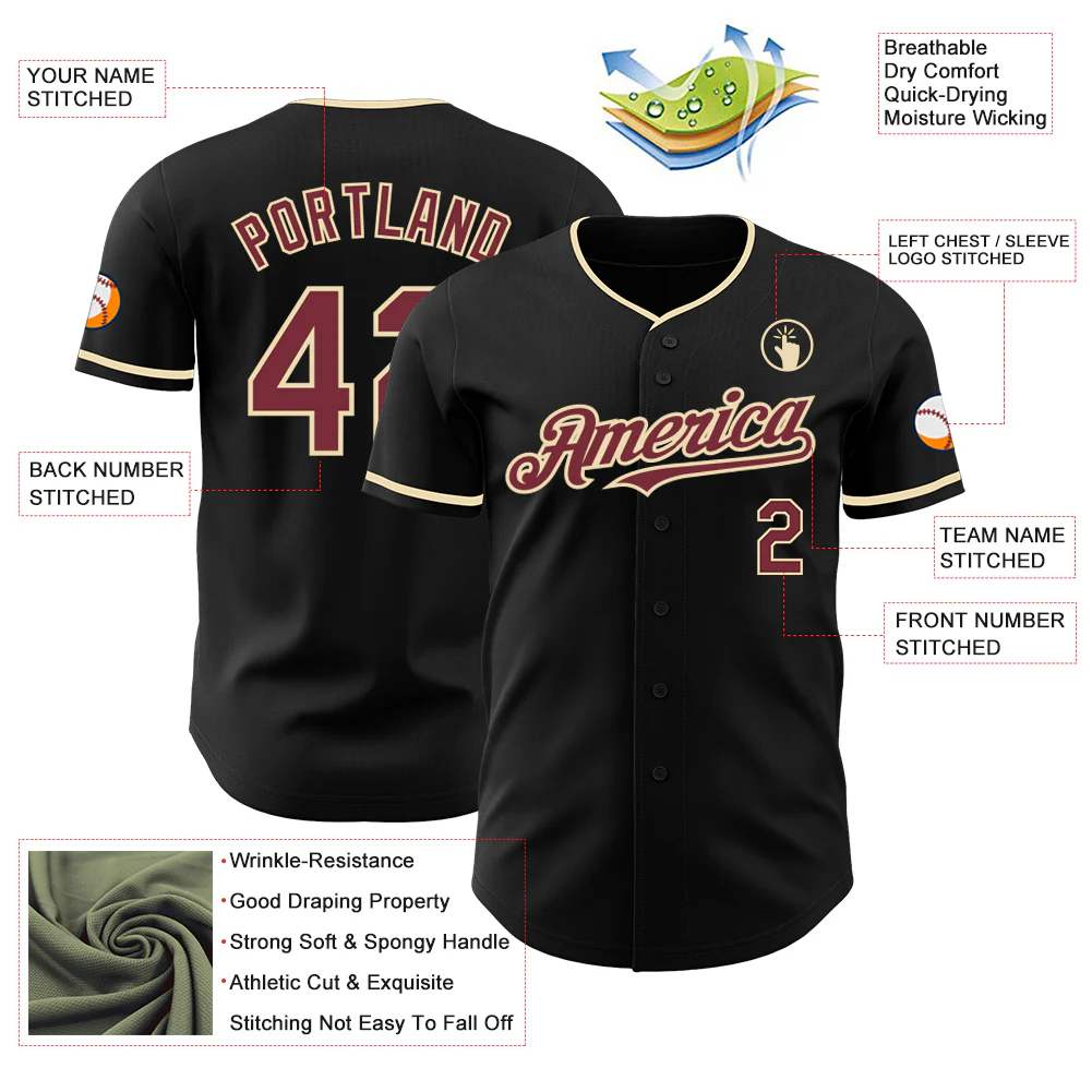 Custom Black Burgundy-Cream Authentic Baseball Jersey - Image 3