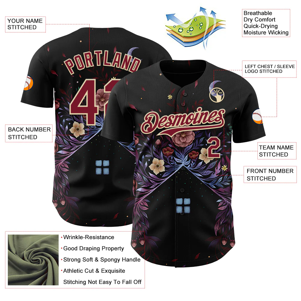 Custom Black Crimson-Cream Episodic Drawing Bloom Authentic Baseball Jersey - Image 3