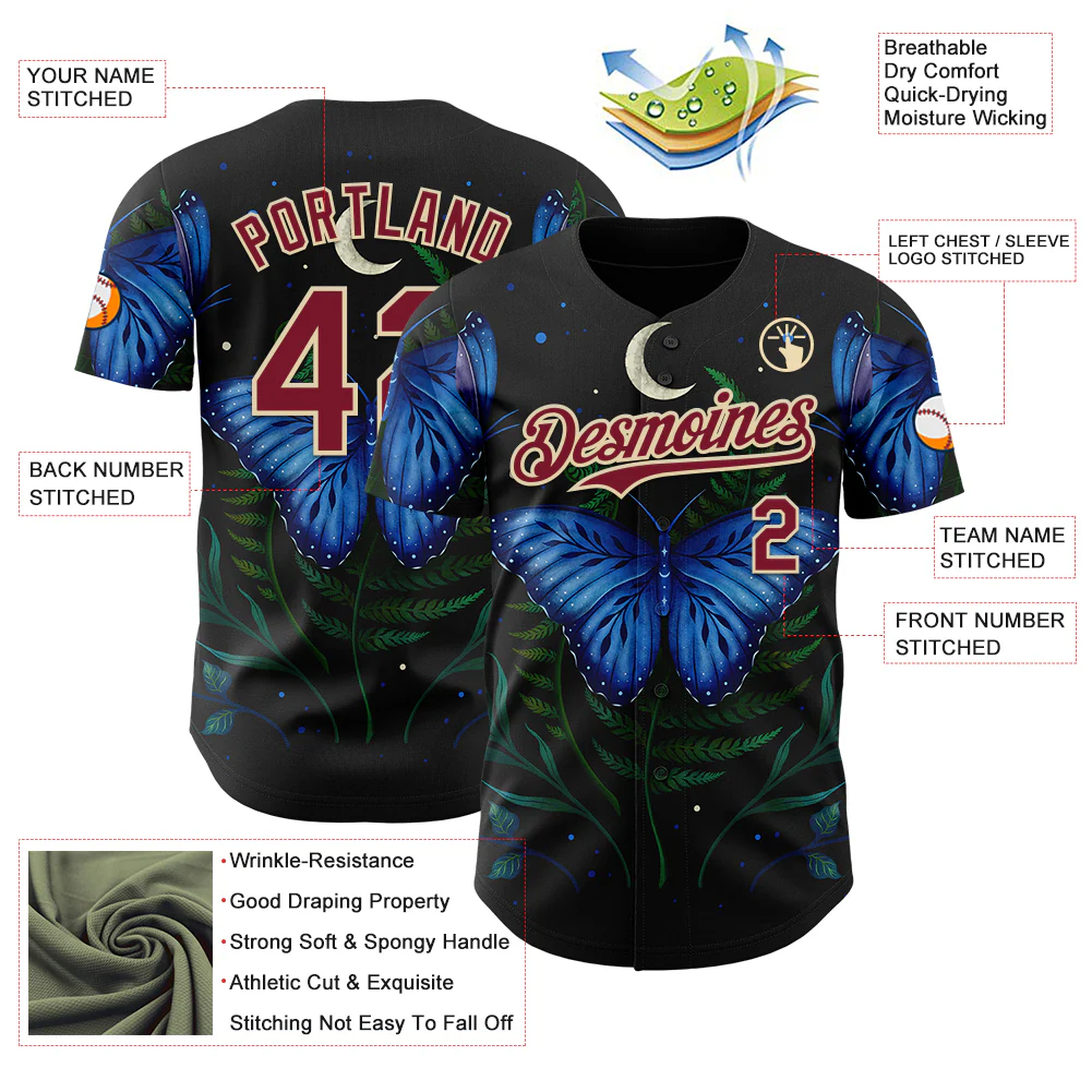 Custom Black Crimson-Cream Episodic Drawing Blue Morpho Butterfly Authentic Baseball Jersey - Image 3