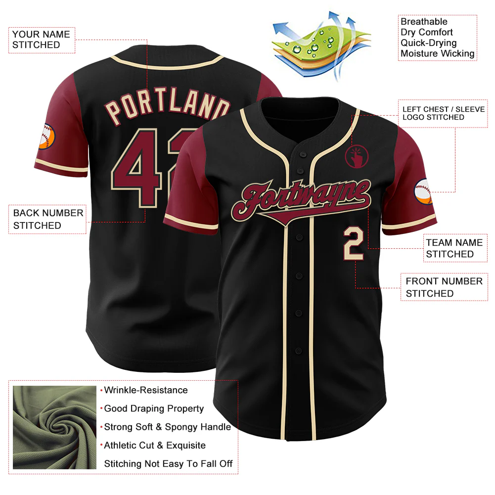 Custom Black Crimson-Cream Authentic Two Tone Baseball Jersey - Image 3