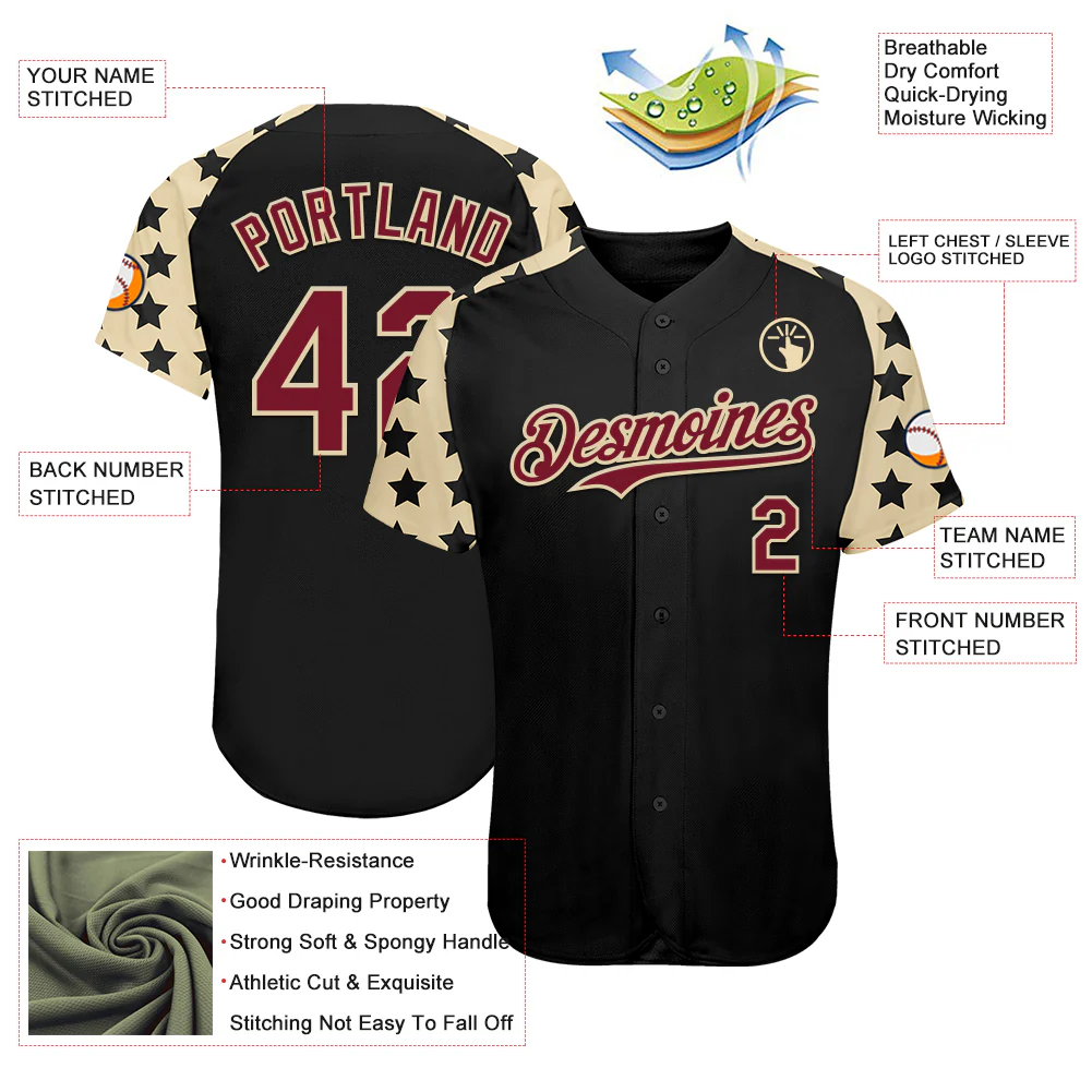 Custom Black Crimson-Cream Star Raglan Sleeves Authentic Baseball Jersey - Image 3