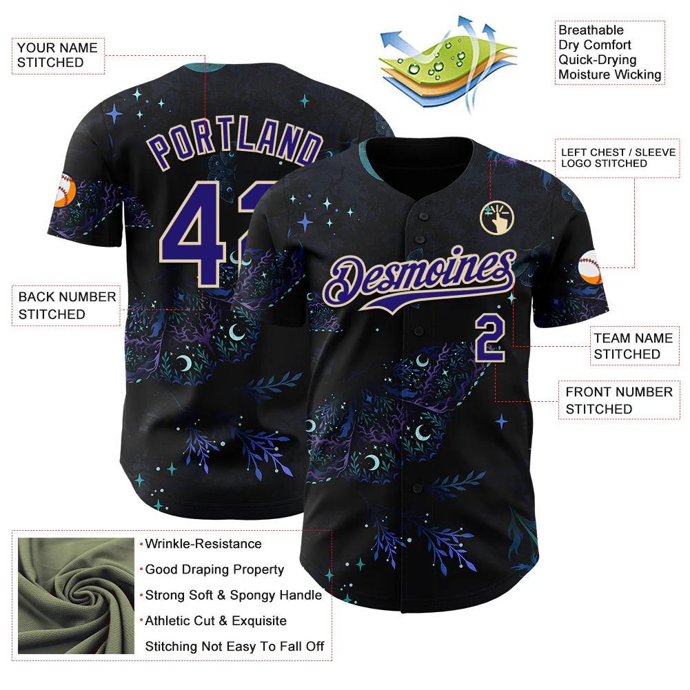 Custom Black Dark Purple-Cream Episodic Drawing Black Witch Authentic Baseball Jersey - Image 3
