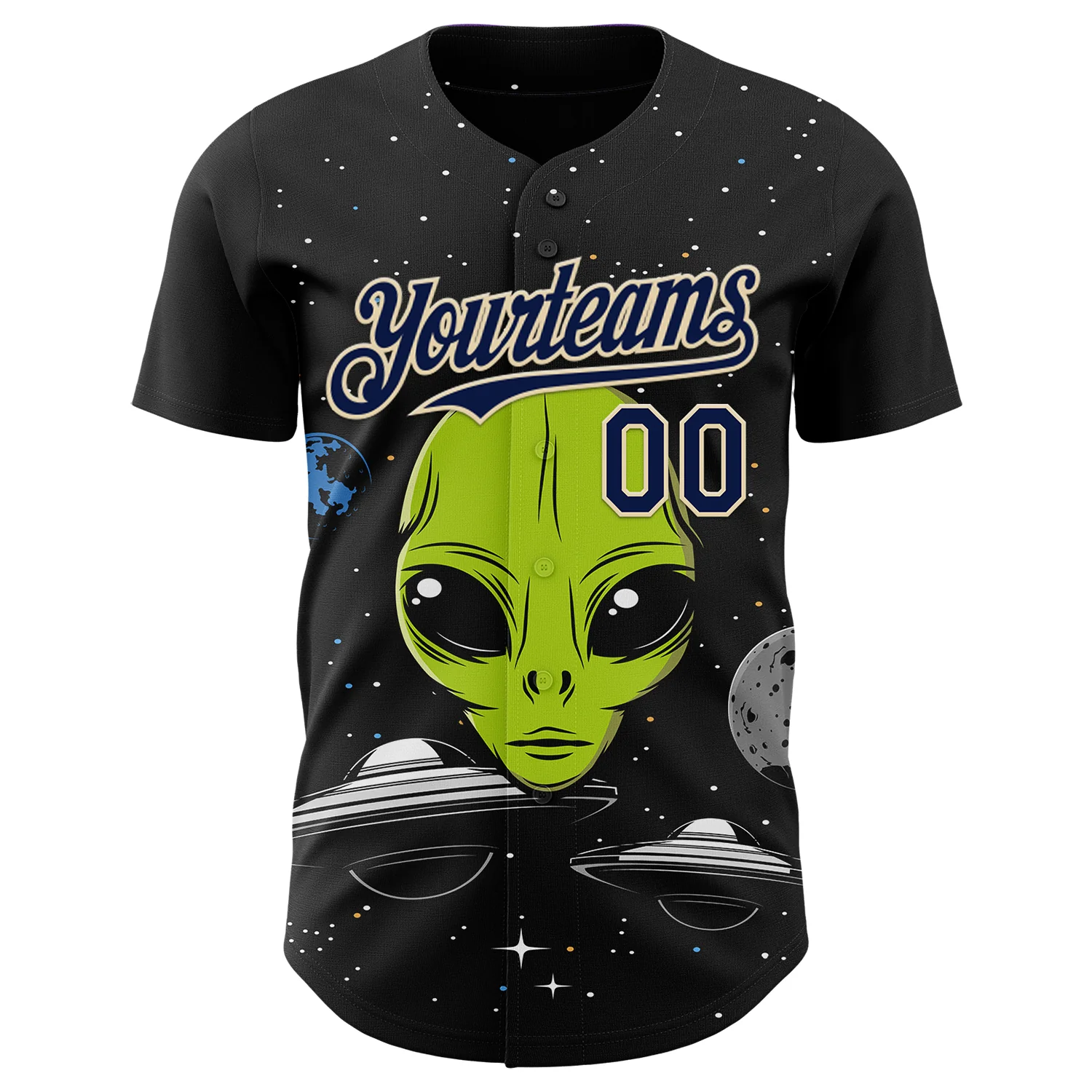 Custom Black Navy-Cream Alien UFO Galaxy Authentic Baseball Jersey - Image 2