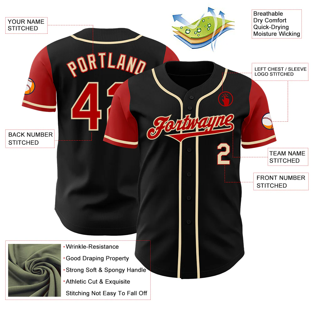 Custom Black Red-Cream Authentic Two Tone Baseball Jersey - Image 3