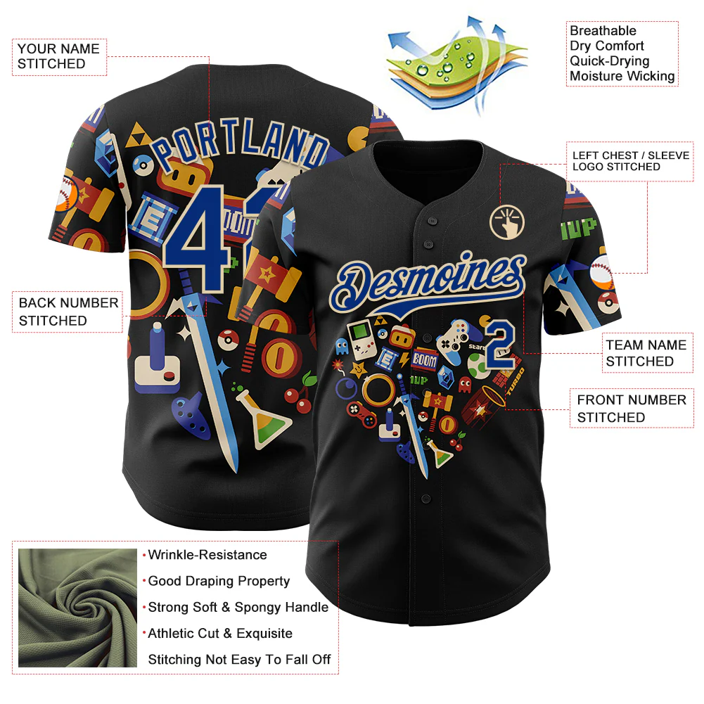Custom Black Royal-Cream 3D Tobe Fonseca Love Gamer Vintage Authentic Baseball Jersey - Image 3