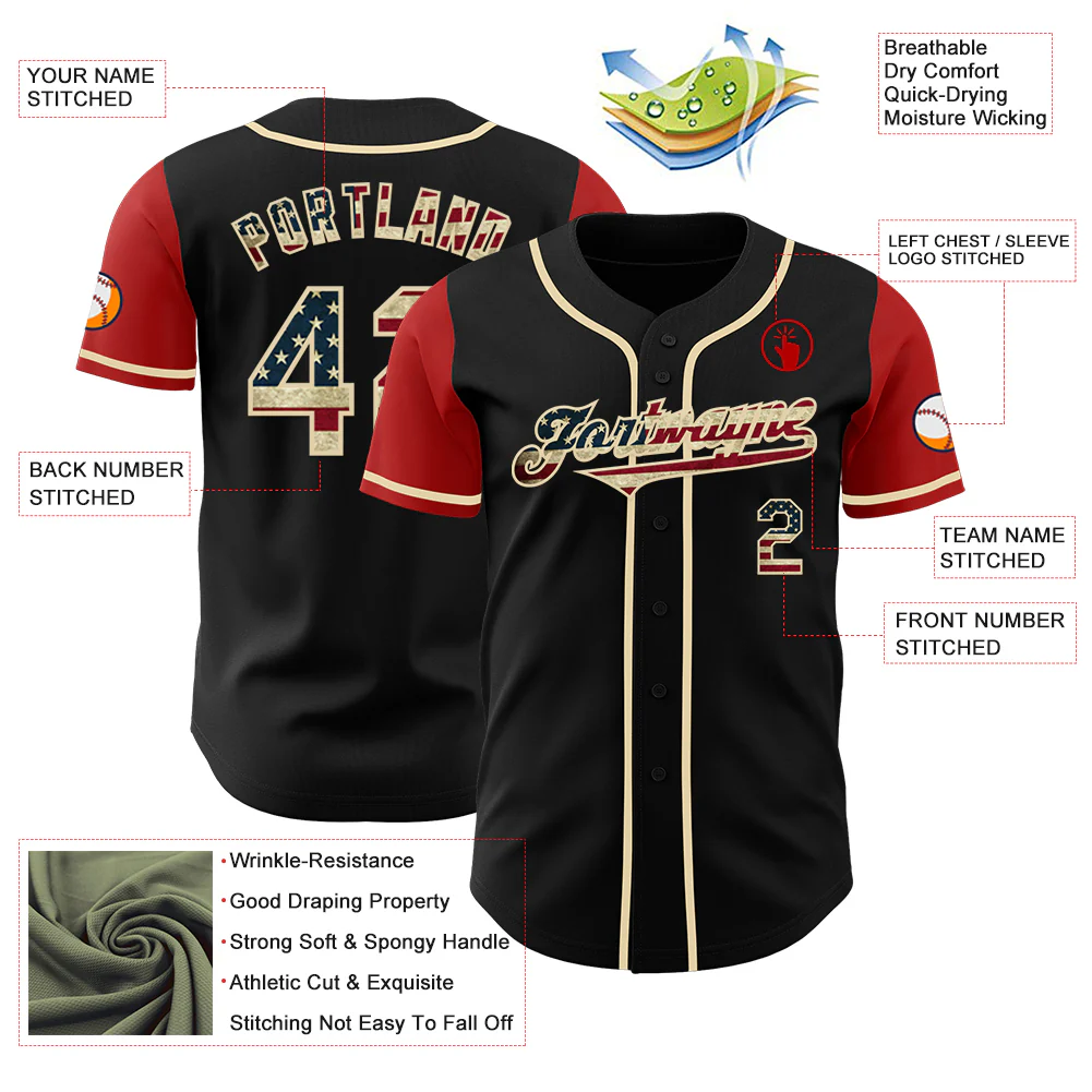 Custom Black Vintage USA Flag Cream-Red Authentic Two Tone Baseball Jersey - Image 3