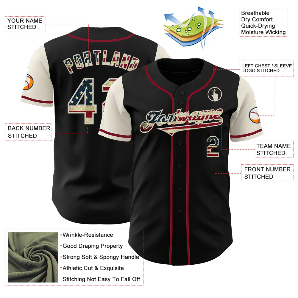 Custom Black Vintage USA Flag Cream-Crimson Authentic Two Tone Baseball Jersey - Image 3