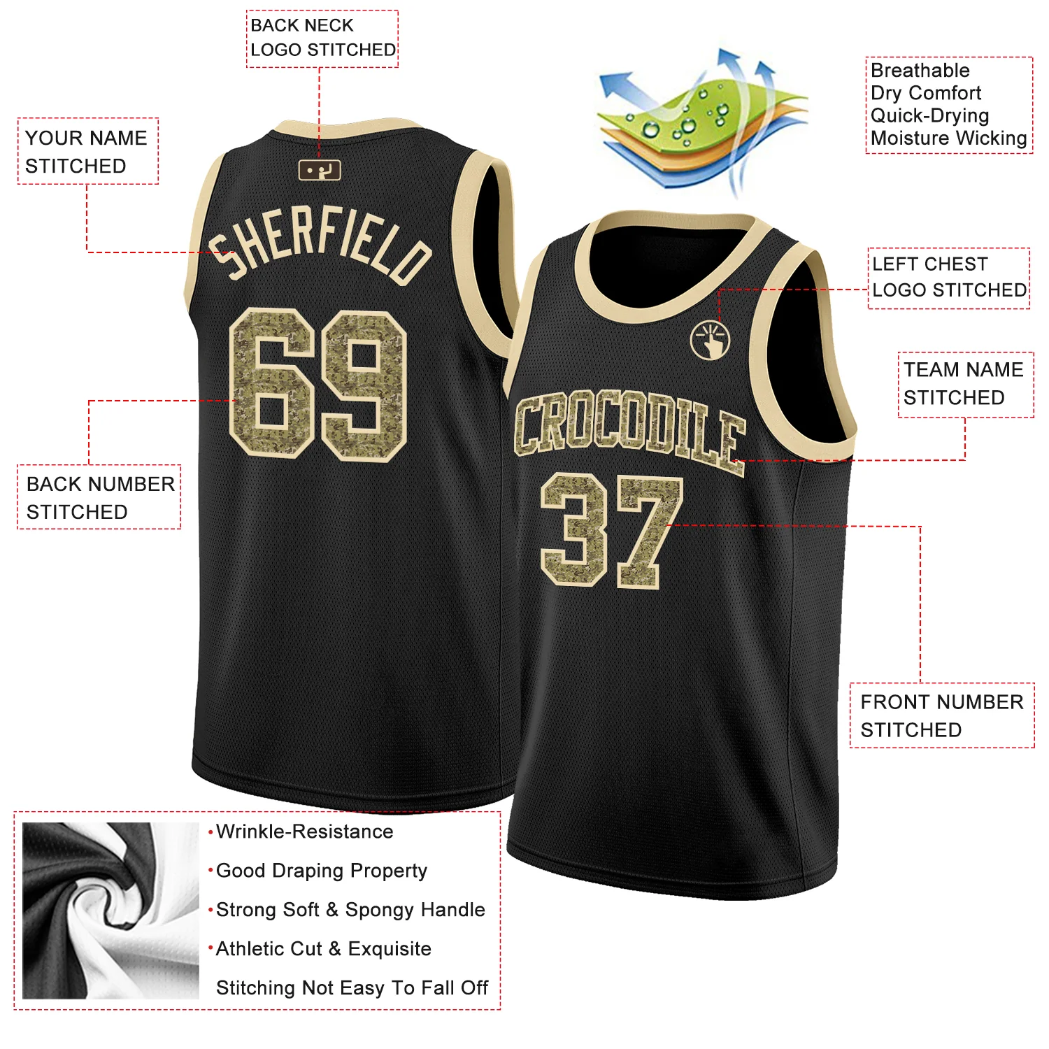Custom Black Camo-Cream Authentic Basketball Jersey - Image 2