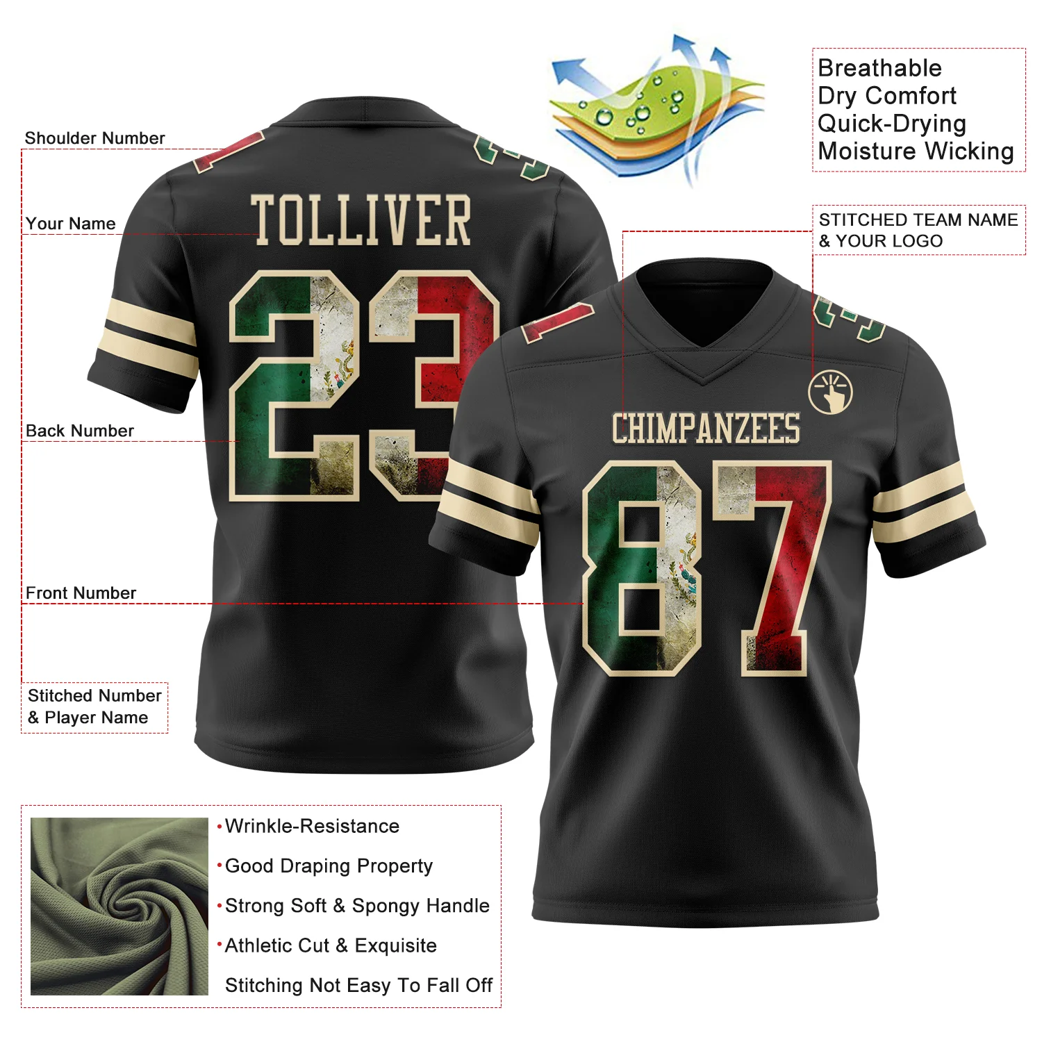 Custom Black Vintage Mexican Flag-Cream Authentic Football Jersey - Image 3