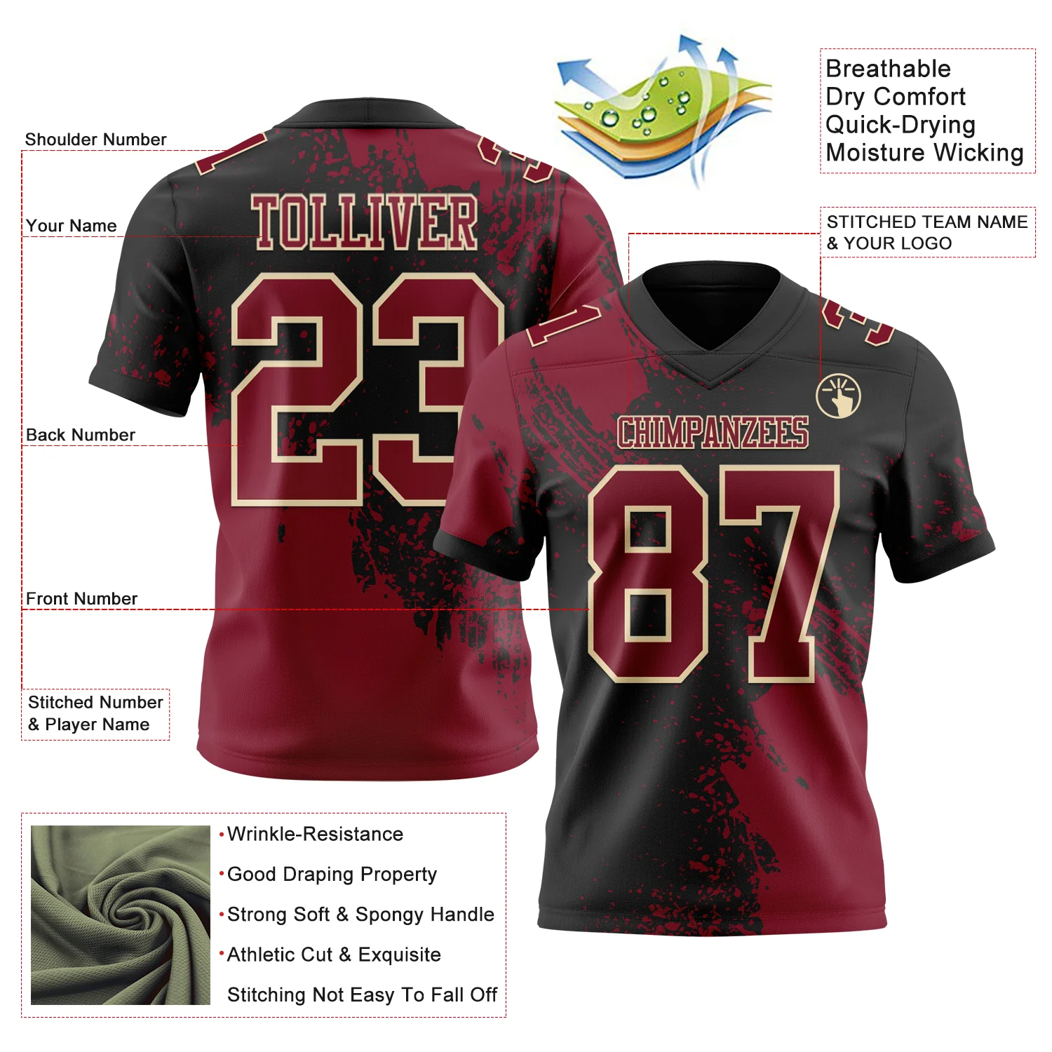 Custom Black Crimson-Cream 3D Pattern Abstract Brush Stroke Authentic Football Jersey - Image 2