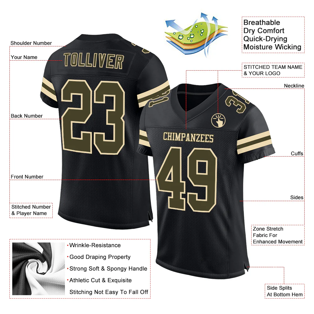 Custom Black Olive-Cream Mesh Authentic Football Jersey - Image 2