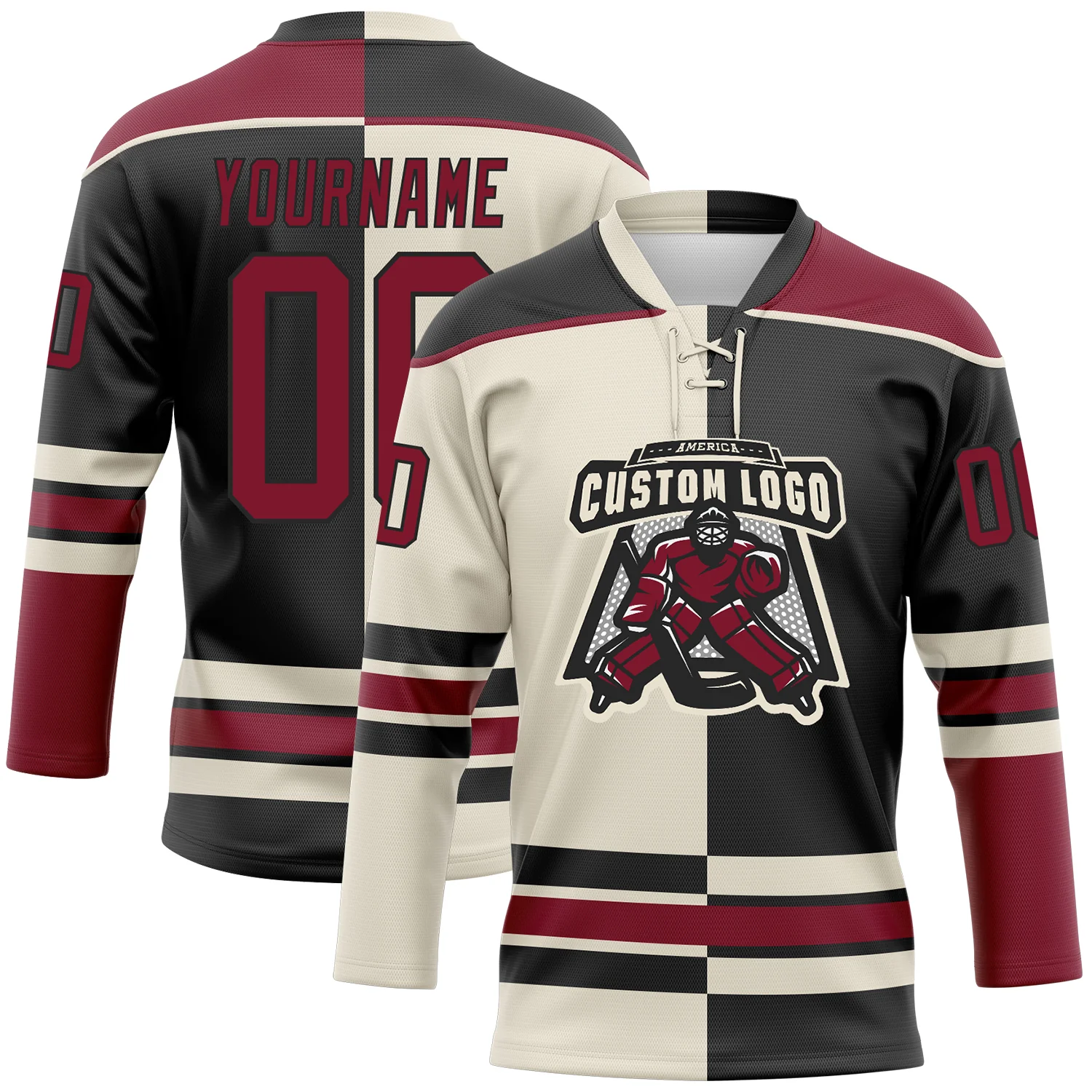 Custom Black Crimson-Cream Split Fashion Hockey Lace Neck Jersey - Image 2