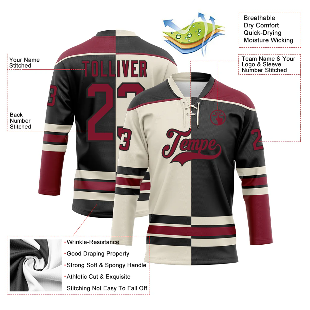 Custom Black Crimson-Cream Split Fashion Hockey Lace Neck Jersey - Image 3