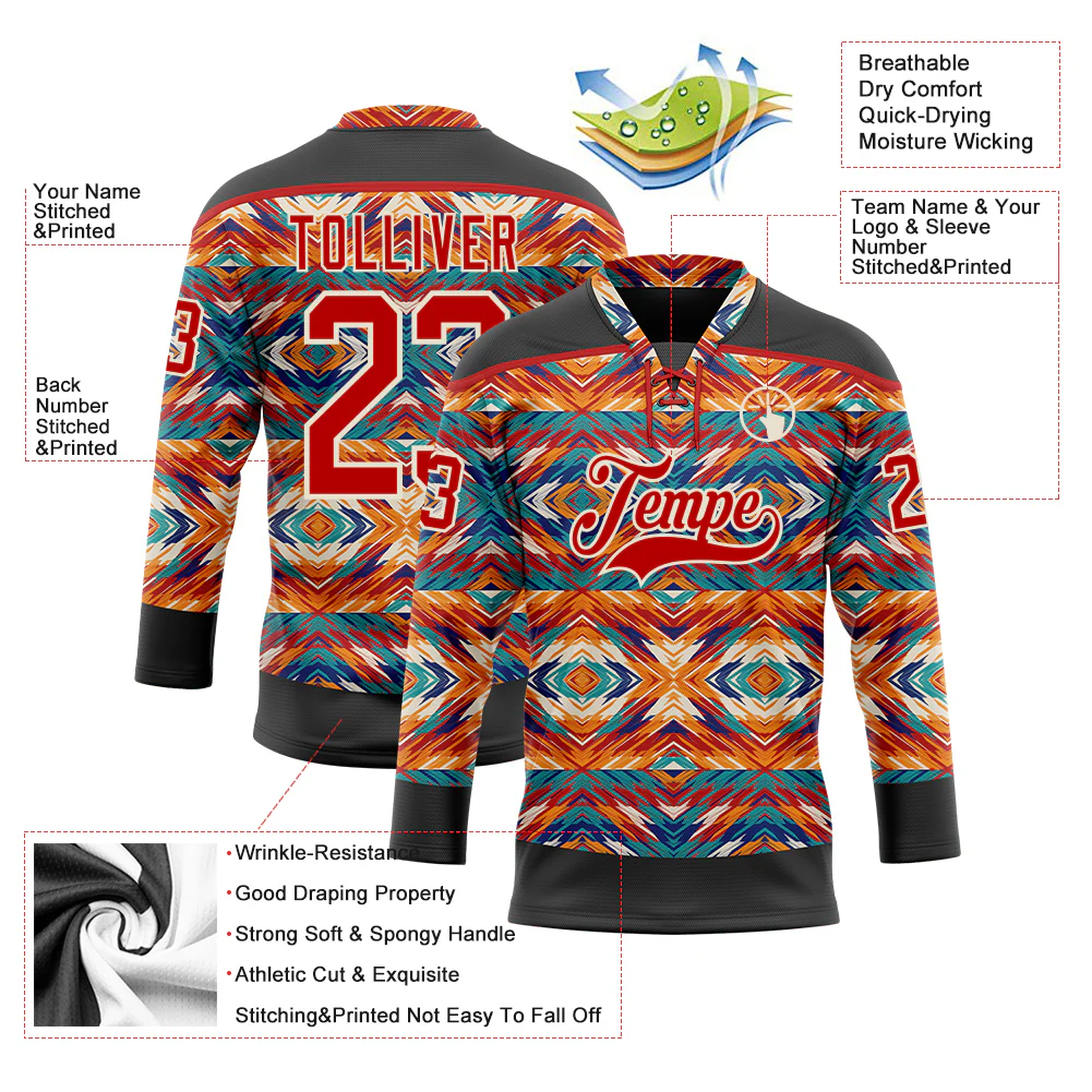 Custom Black Red-Cream 3D Pattern Native Americans Tribal Indigenous People Hockey Lace Neck Jersey - Image 5