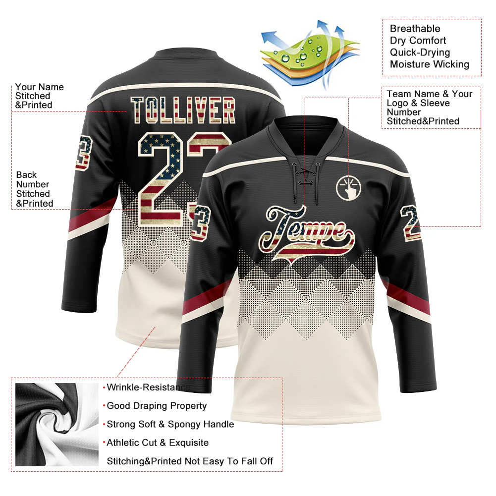 Custom Black Vintage USA Flag Cream-Crimson 3D Pattern Gradient Square Shapes Hockey Lace Neck Jersey - Image 3