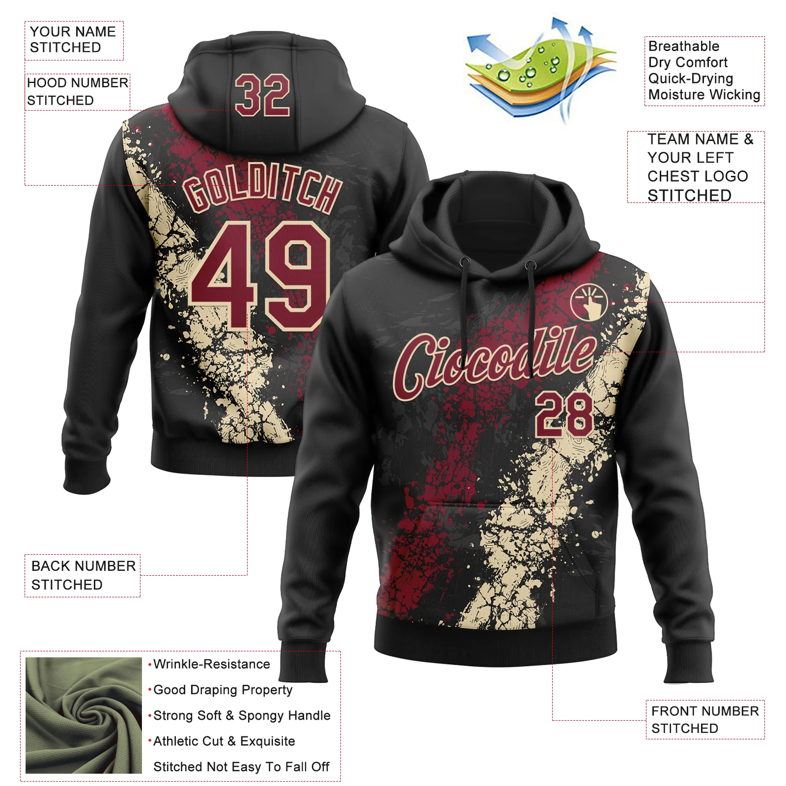 Custom Stitched Black Crimson-Cream Splash Sports Pullover Sweatshirt Hoodie - Image 4