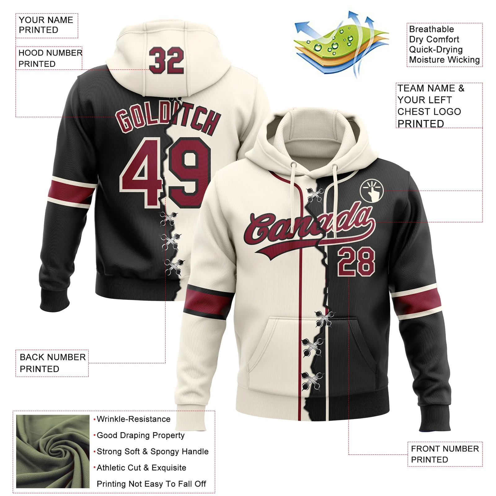 Custom Black Crimson-Cream Split Ripped Pattern Baseball Pullover Sweatshirt Hoodie - Image 4