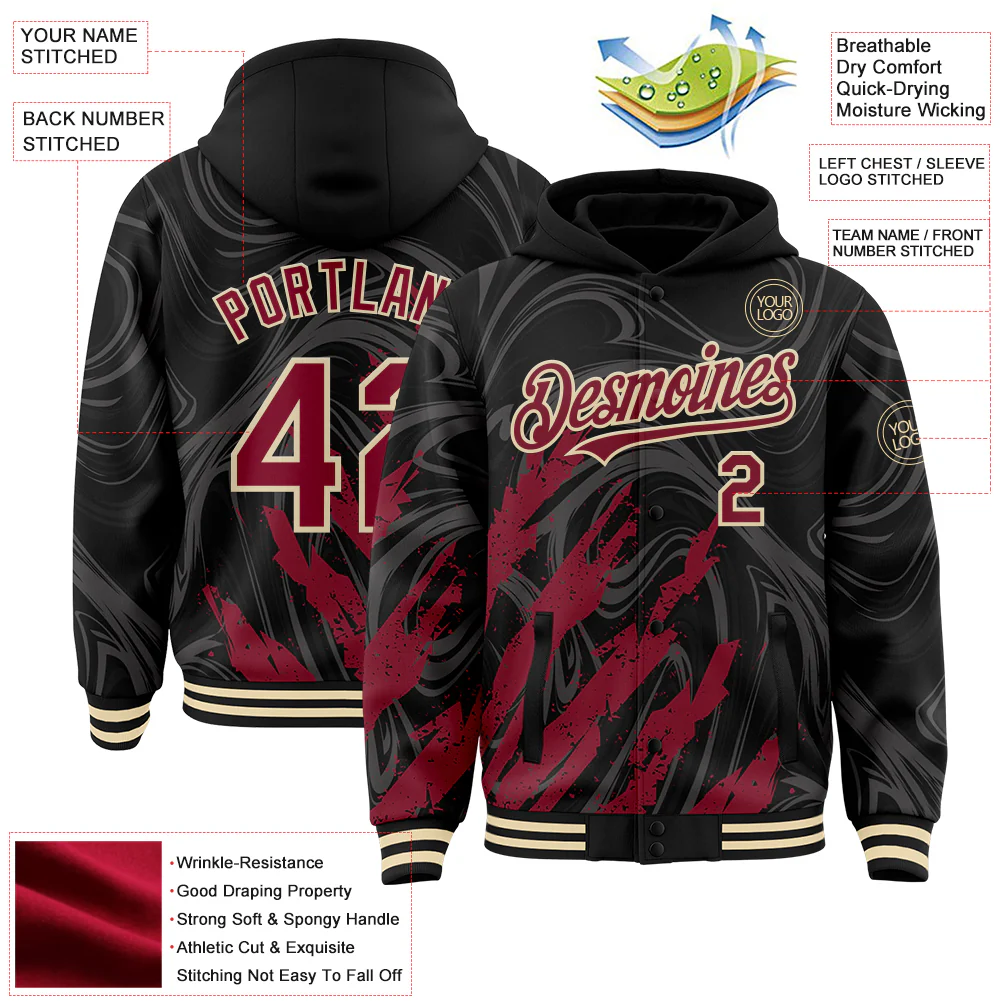Custom Black Crimson-Cream Splash Bomber Full-Snap Varsity Letterman Hoodie Jacket - Image 4