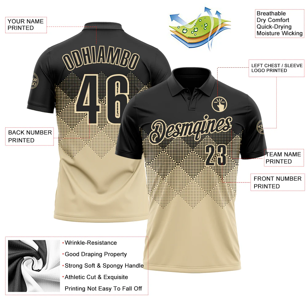 Custom Black Cream 3D Pattern Design Gradient Square Shape Performance Polo Shirt - Image 3