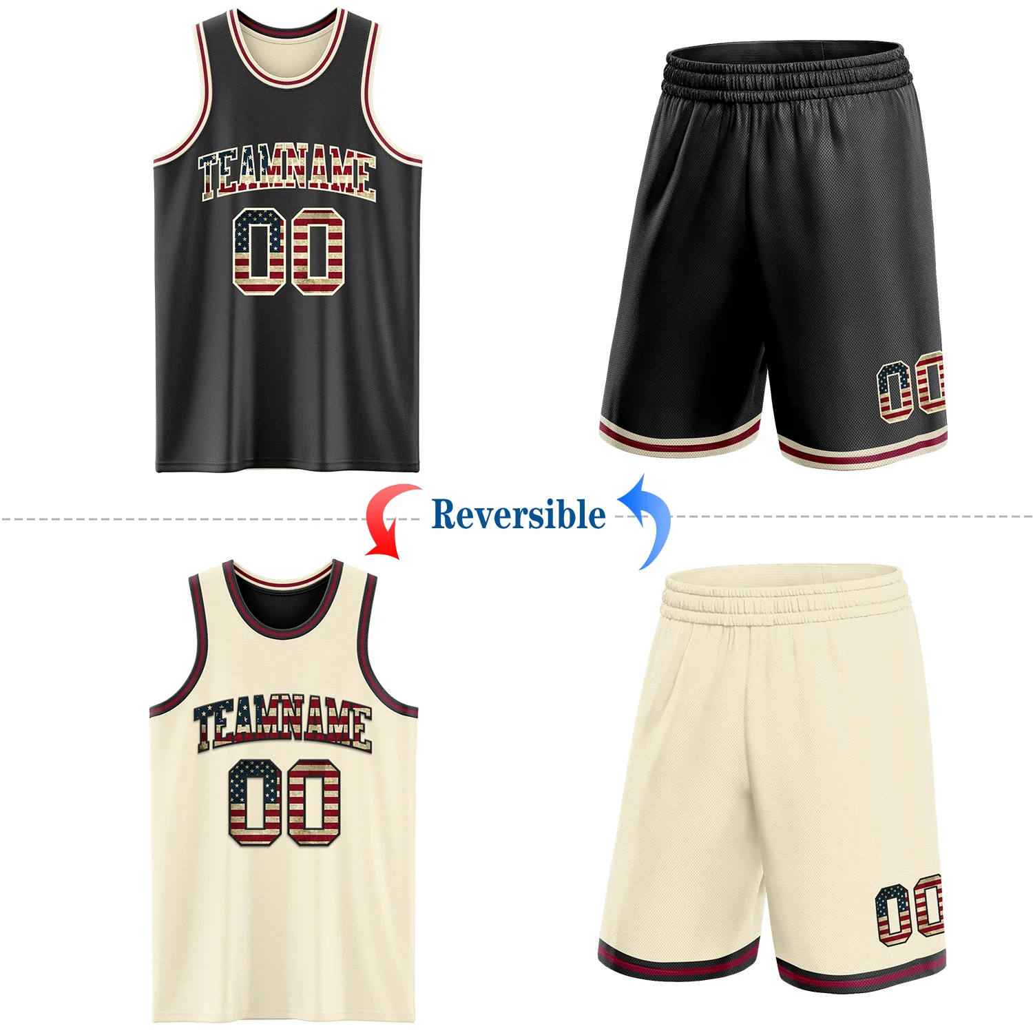 Custom Reversible Black Vintage USA Flag Cream-Maroon Double Side Sublimation Basketball Suit Jersey - Image 2