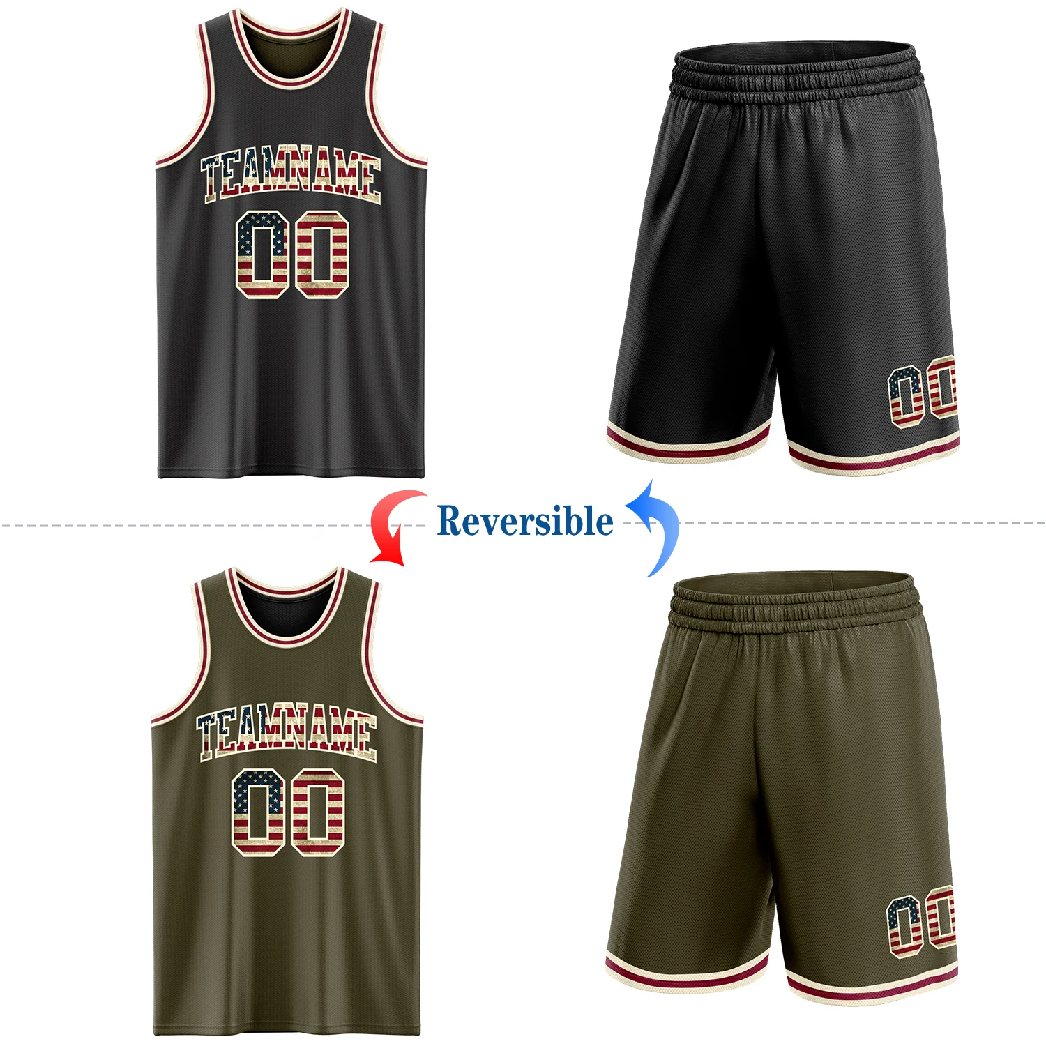 Custom Reversible Black Vintage USA Flag Cream-Maroon Double Side Sublimation Basketball Suit Jersey - Image 2