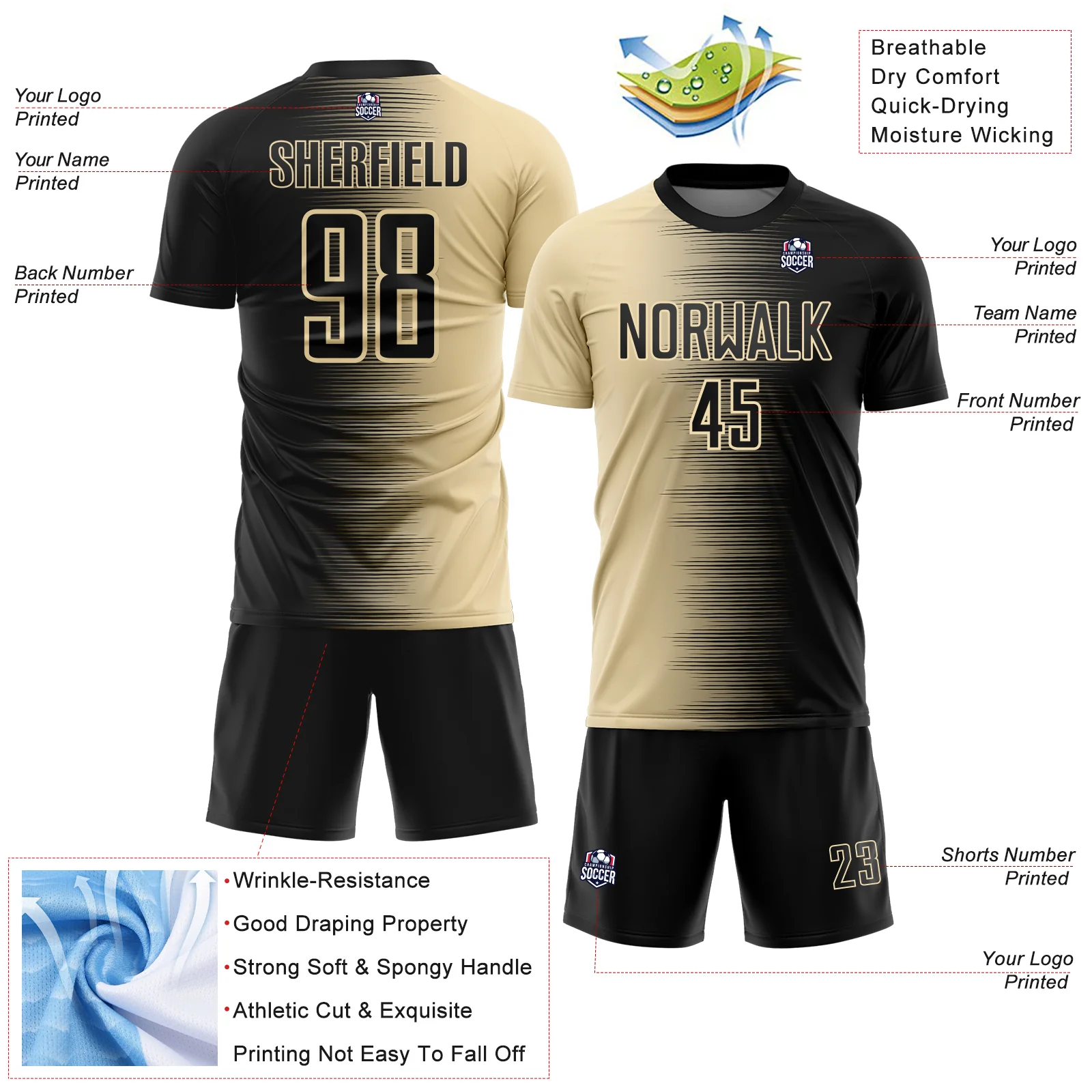 Custom Black Cream Gradient Line Sublimation Soccer Uniform Jersey - Image 4
