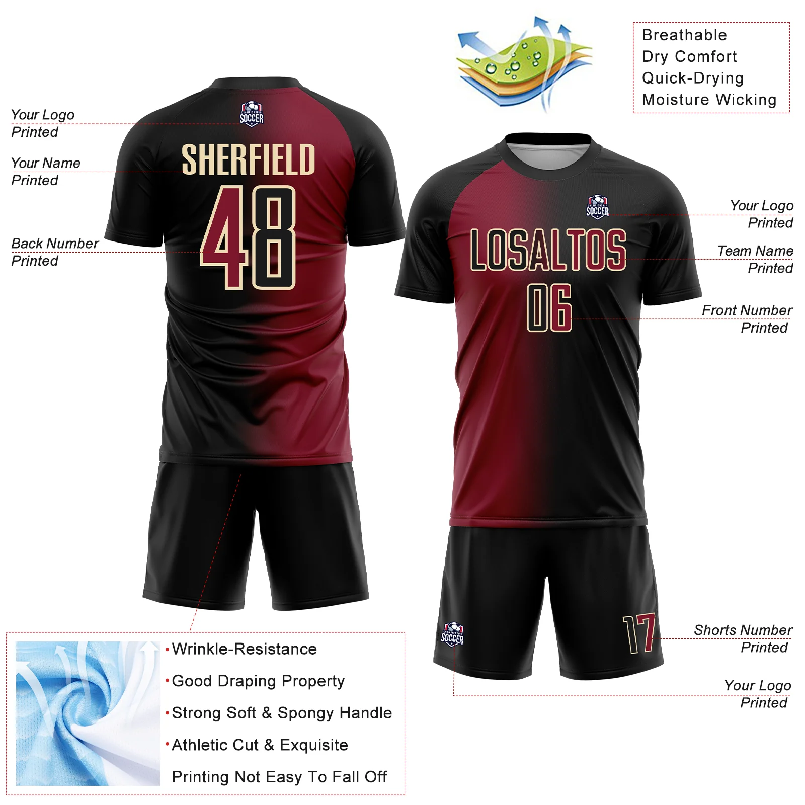Custom Black Crimson-Cream Sublimation Gradient Fashion Soccer Uniform Jersey - Image 4