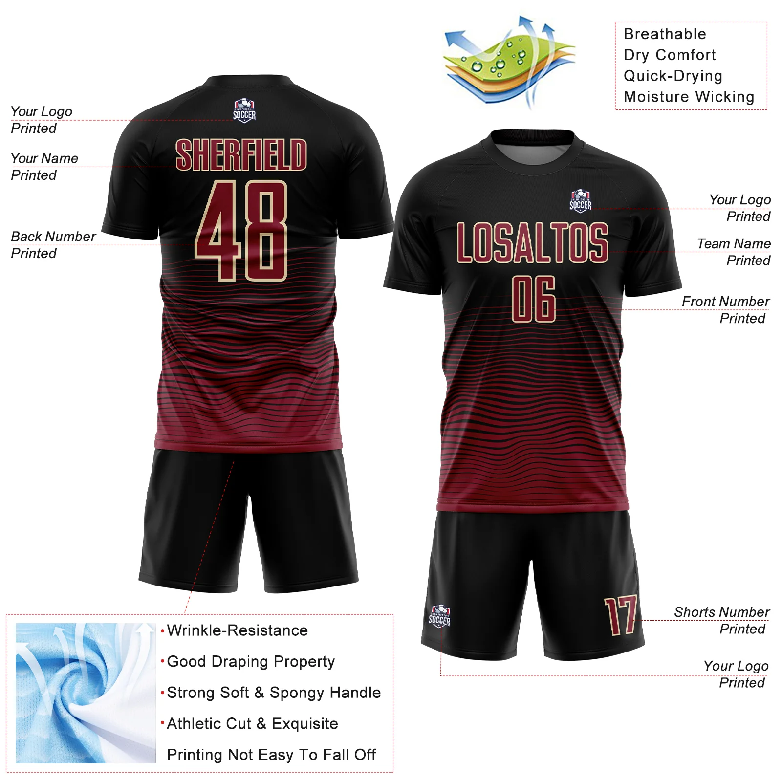 Custom Black Crimson-Cream Gradient Line Sublimation Soccer Uniform Jersey - Image 4
