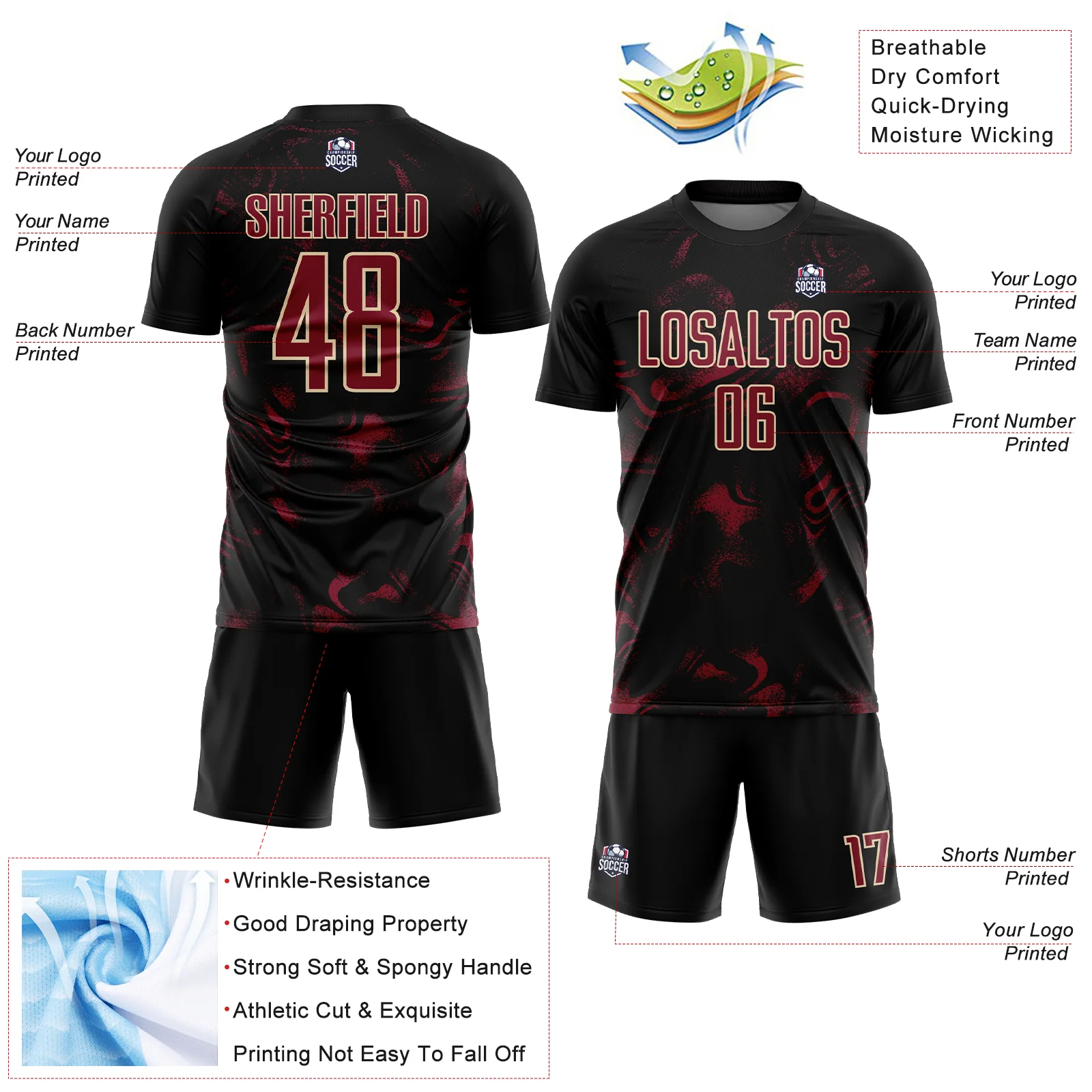 Custom Black Crimson-Cream Abstract Liquid Sublimation Soccer Uniform Jersey - Image 4