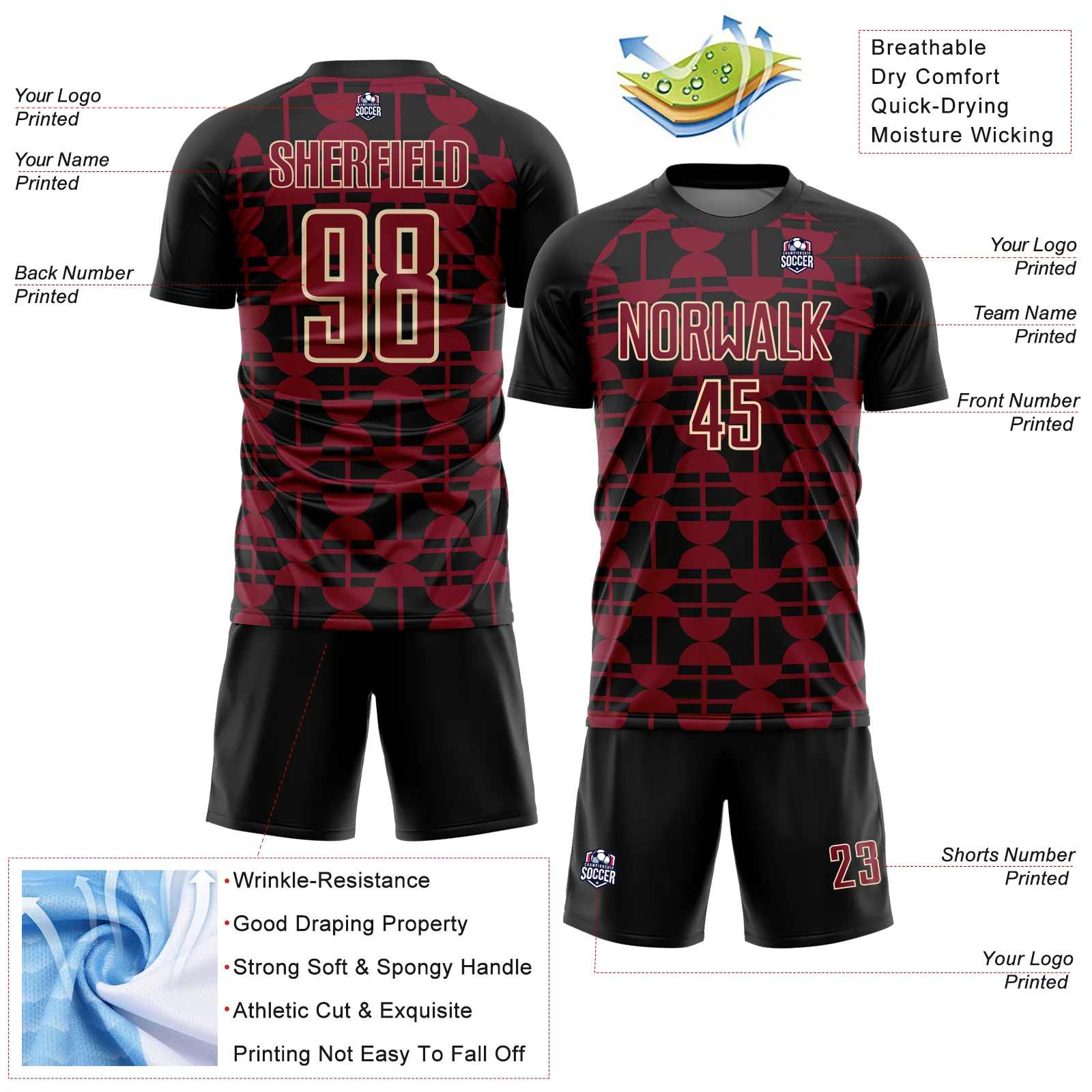 Custom Black Crimson-Cream Geometric Shapes Sports Sublimation Soccer Uniform Jersey - Image 4