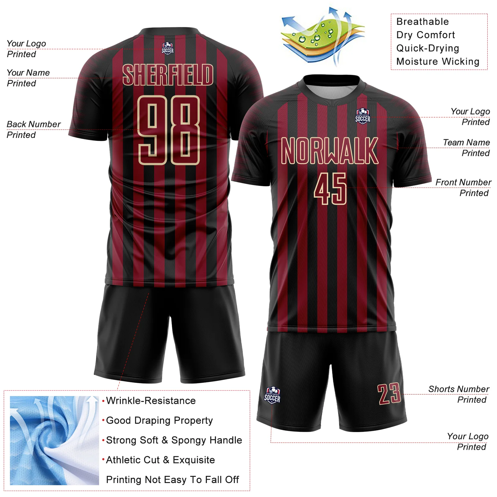 Custom Black Crimson-Cream Stripe Sports Sublimation Soccer Uniform Jersey - Image 4