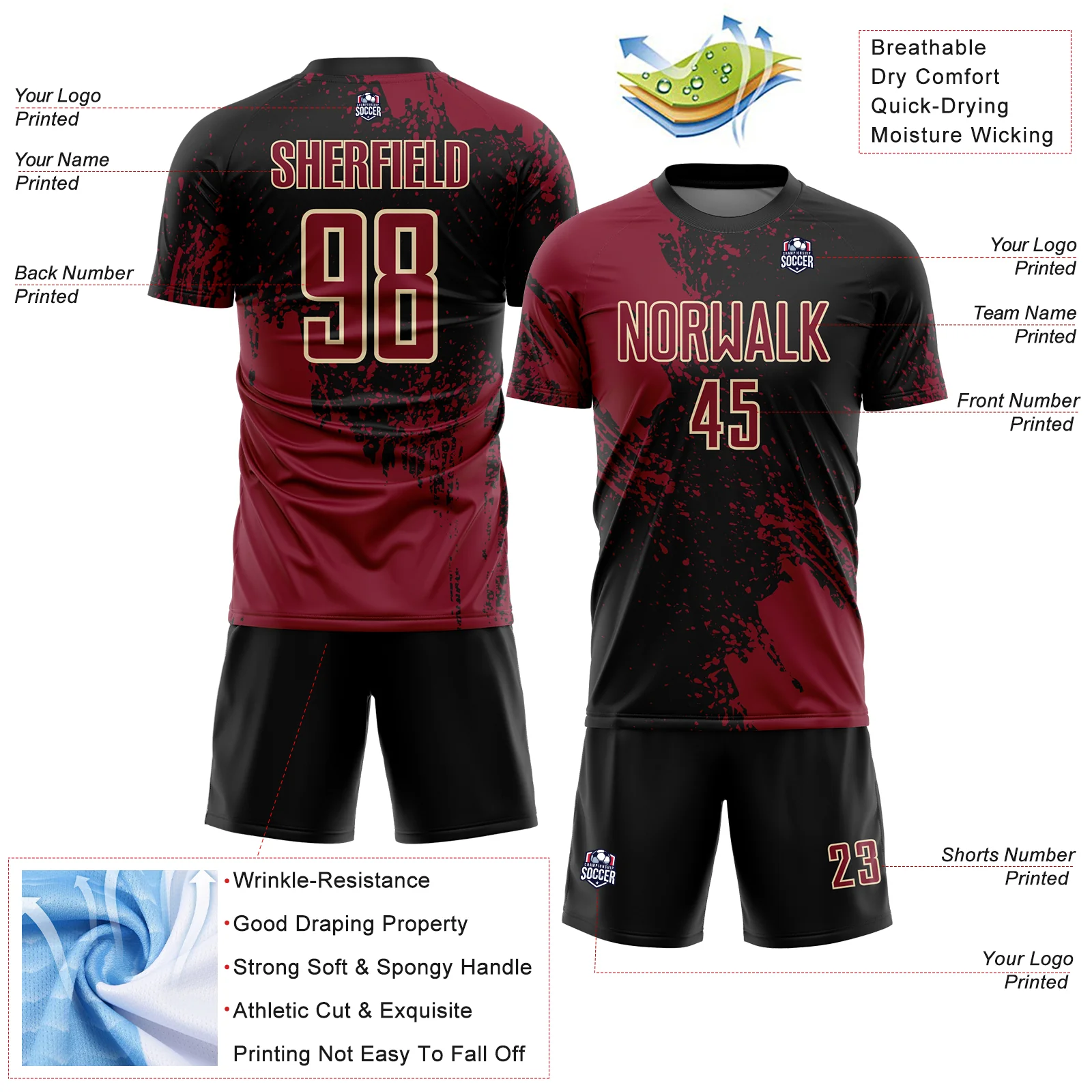 Custom Black Crimson-Cream Abstract Brush Stroke Sports Sublimation Soccer Uniform Jersey - Image 4