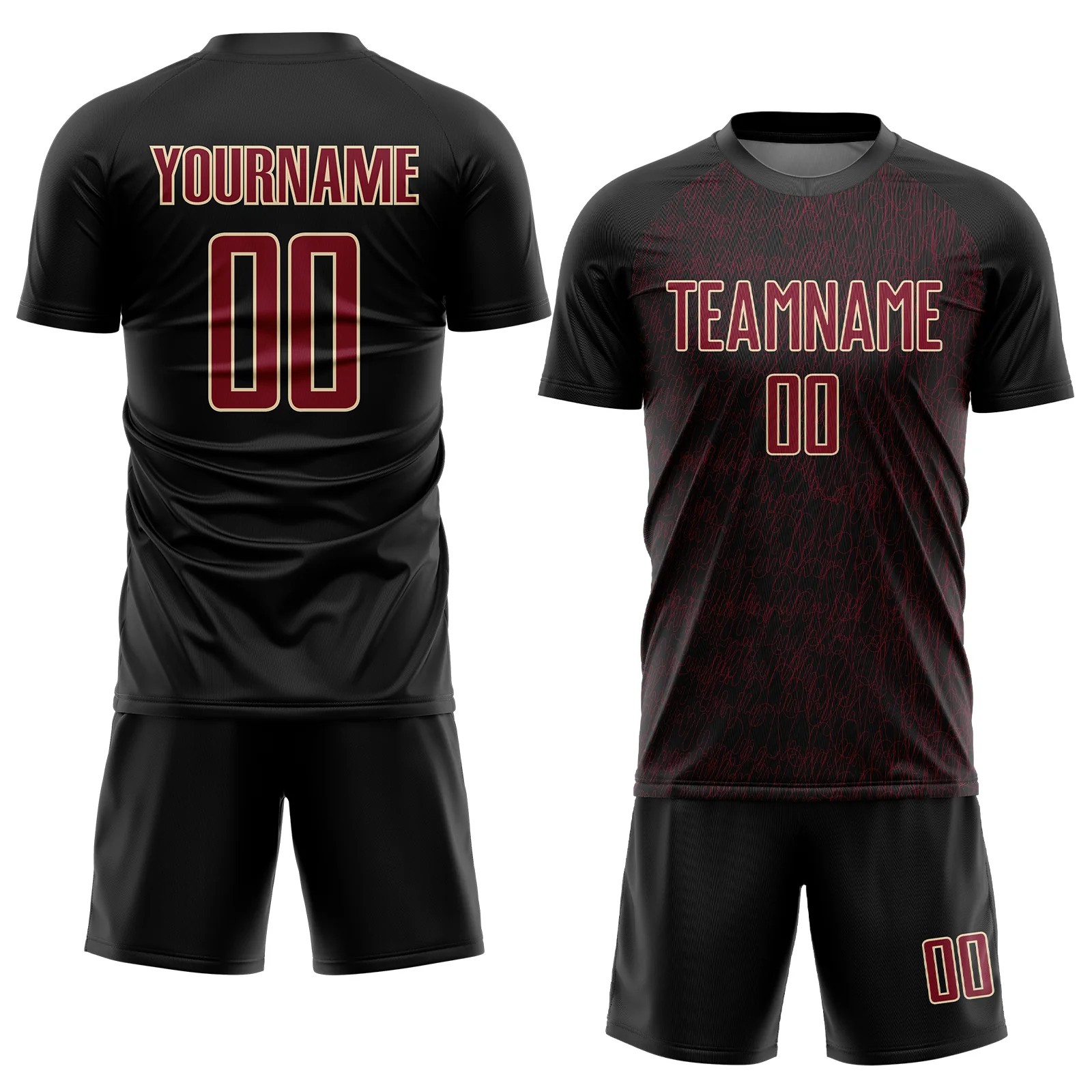 Custom Black Crimson-Cream Abstract Scribble Curve Line Pattern Sports Sublimation Soccer Uniform Jersey - Image 2