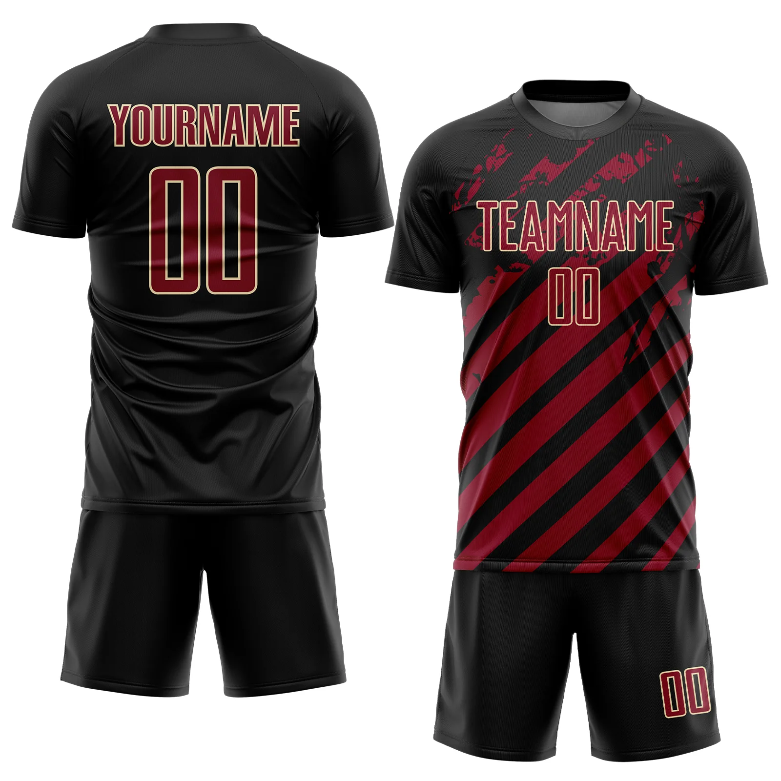 Custom Black Crimson-Cream Distressed Diagonal Stripe Pattern Sports Sublimation Soccer Uniform Jersey - Image 2