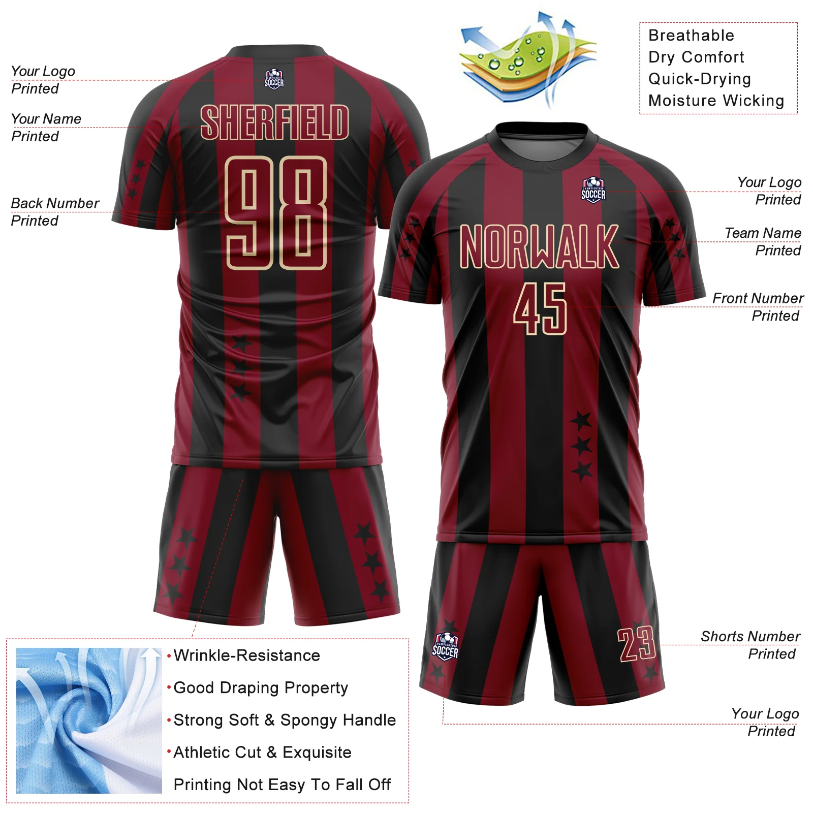 Custom Black Crimson-Cream Stars And Stripes Sports Sublimation Soccer Uniform Jersey - Image 4