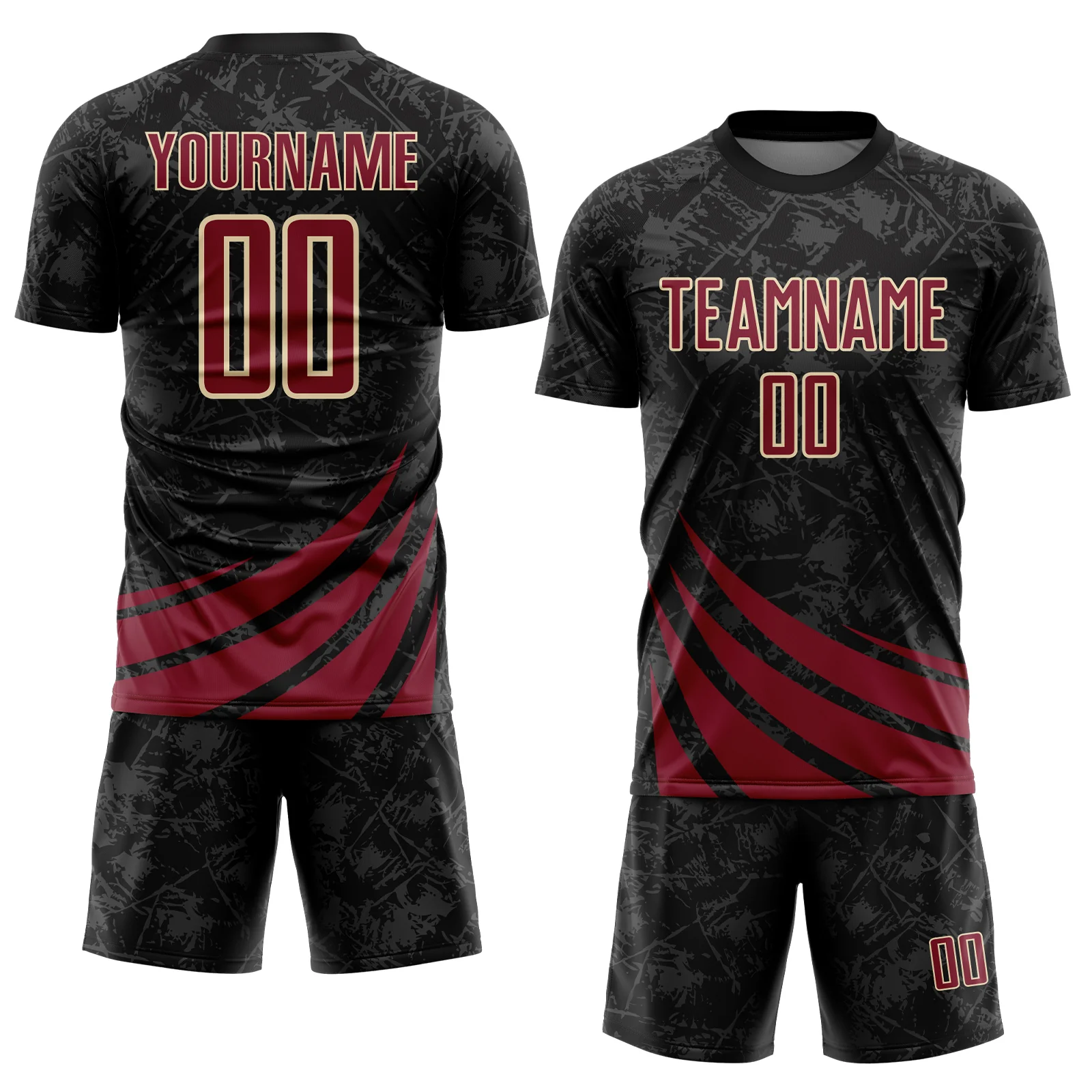 Custom Black Crimson-Cream Distressed Diagonal Stripes Wind Shapes Sports Sublimation Soccer Uniform Jersey - Image 2