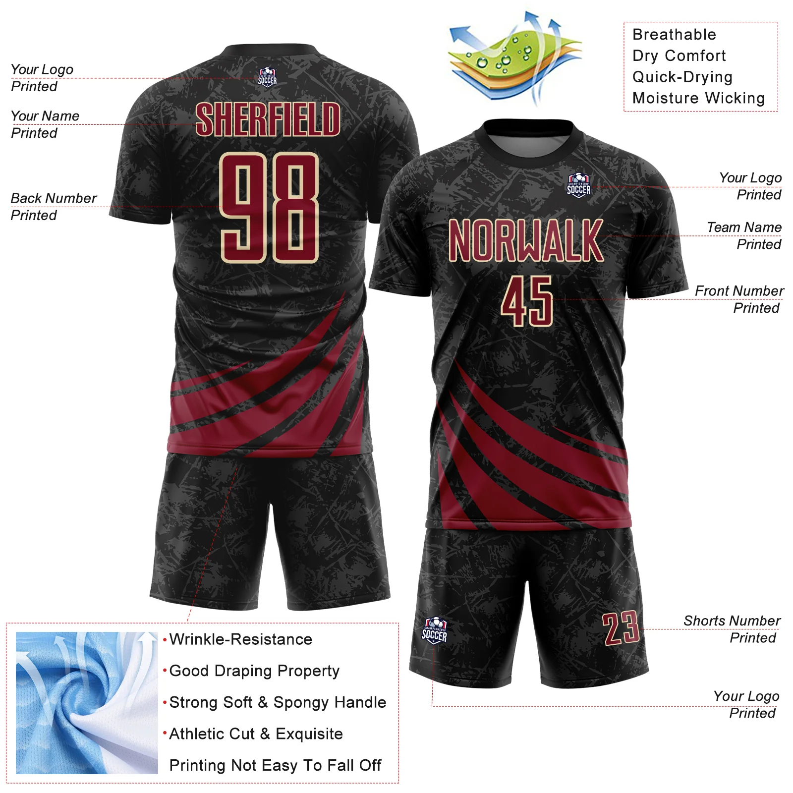 Custom Black Crimson-Cream Distressed Diagonal Stripes Wind Shapes Sports Sublimation Soccer Uniform Jersey - Image 4