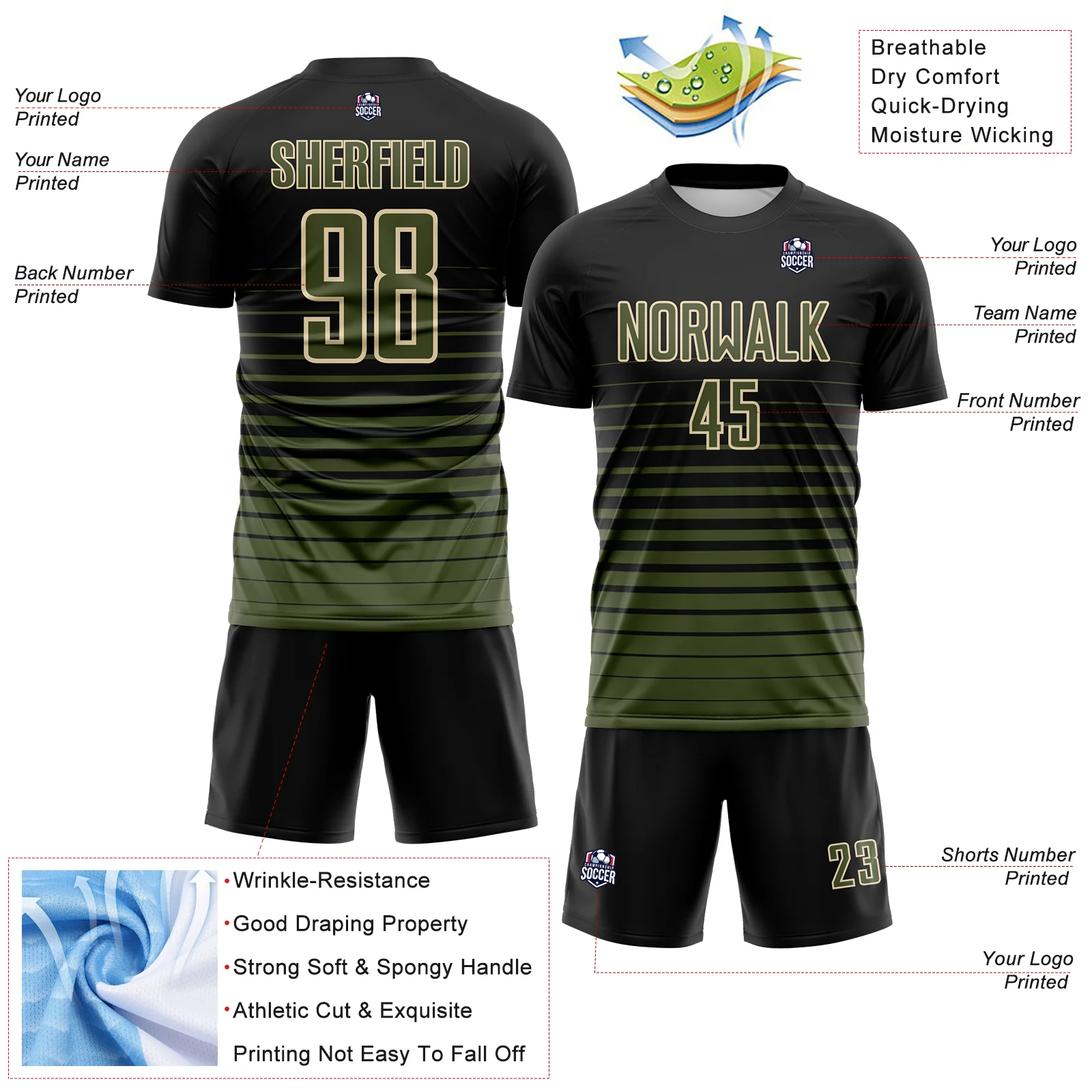 Custom Black Olive-Cream Gradient Pinstripe Sublimation Soccer Uniform Jersey - Image 4