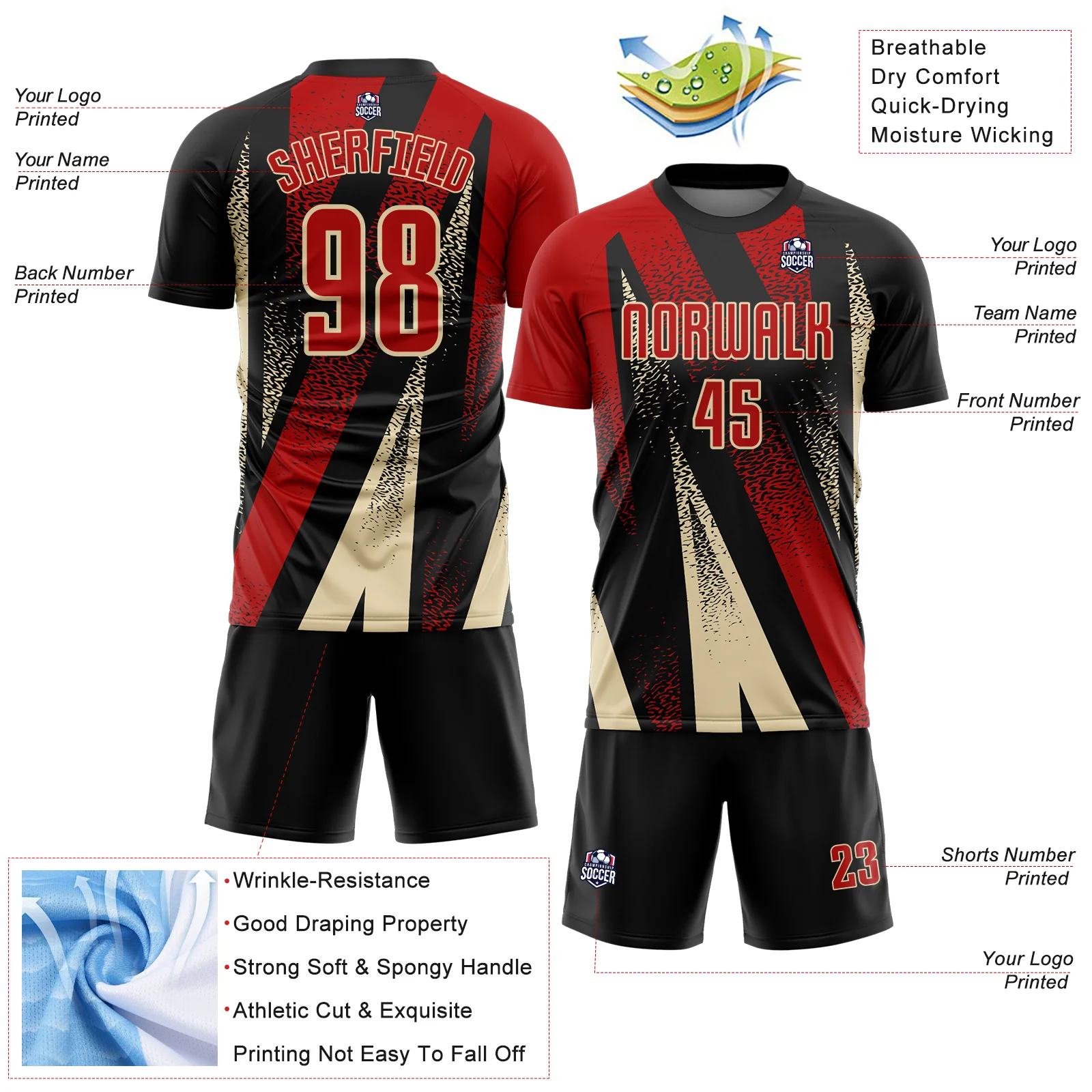 Custom Black Red-Cream Radial Burst Sports Sublimation Soccer Uniform Jersey - Image 4