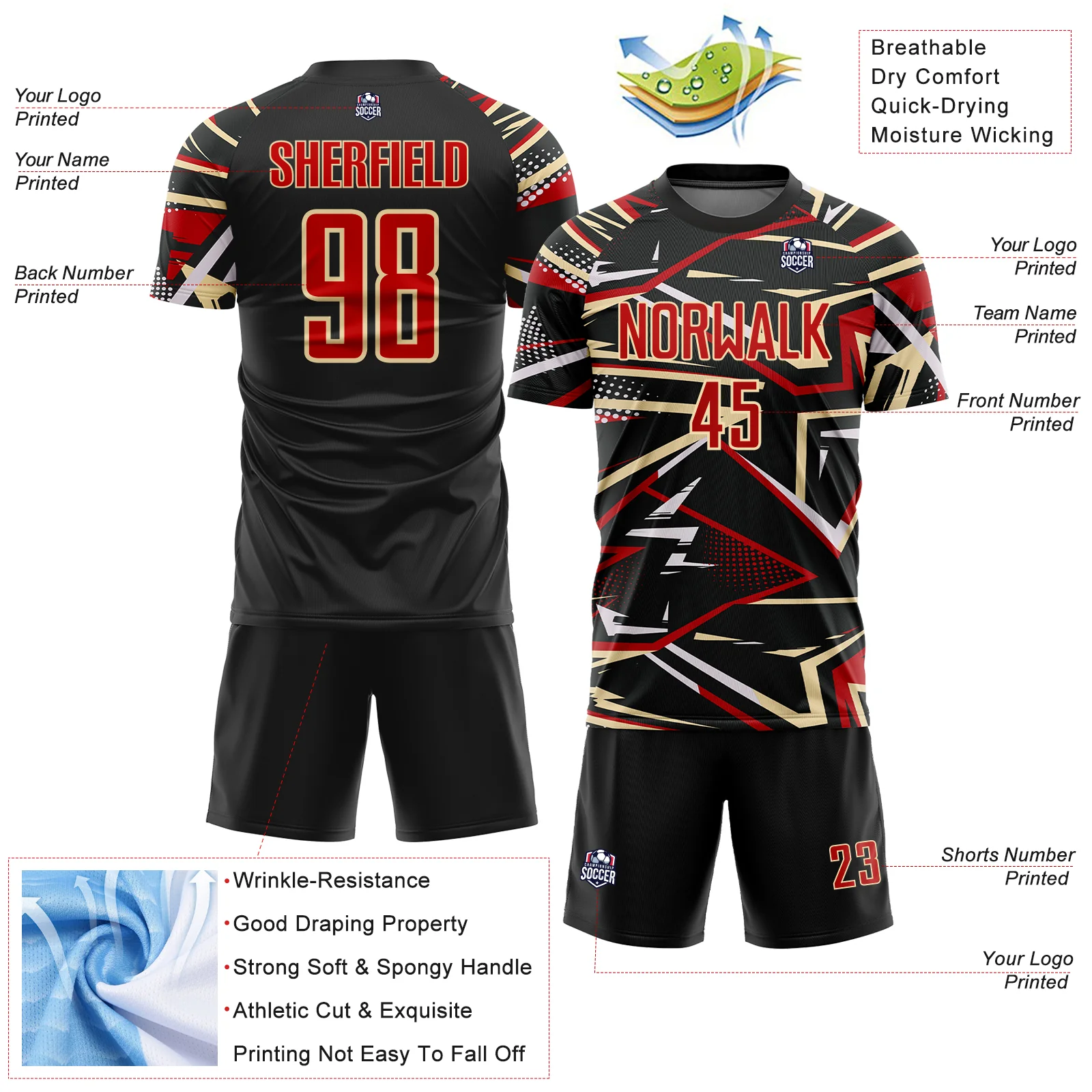 Custom Black Red Cream-White Abstract Geometric Stripes Sports Sublimation Soccer Uniform Jersey - Image 4