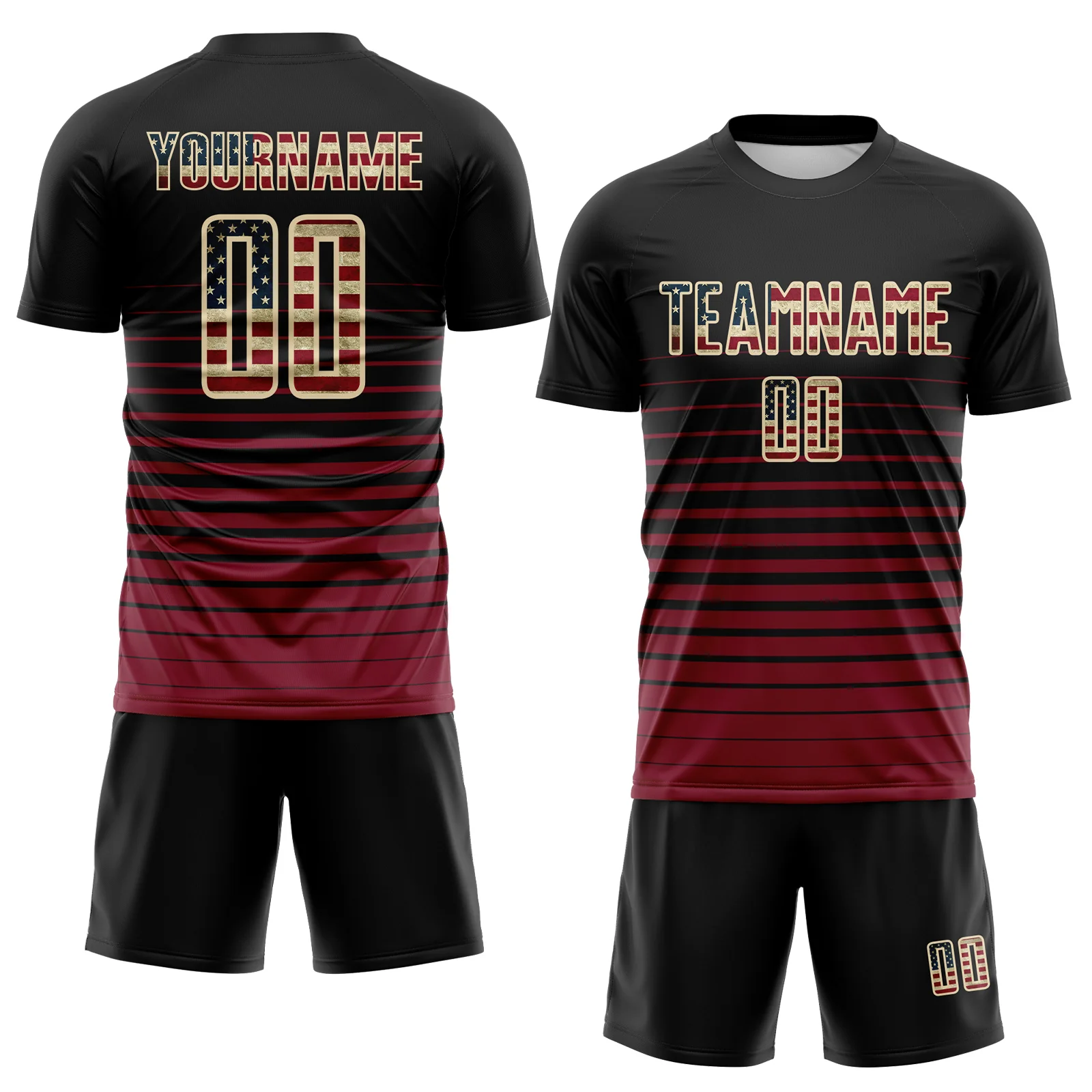 Custom Black Vintage USA Flag Cream-Crimson Gradient Pinstripe Sublimation Soccer Uniform Jersey - Image 2